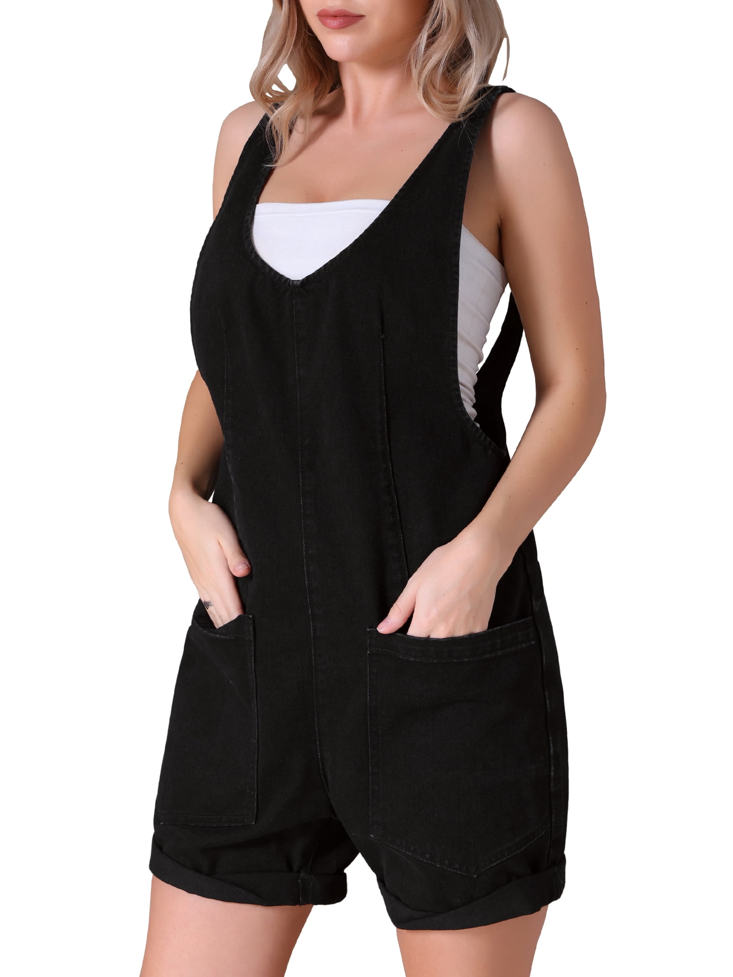 DARING DIVA Women's Denim Sleeveless Casual Loose Romper with Pockets S Black