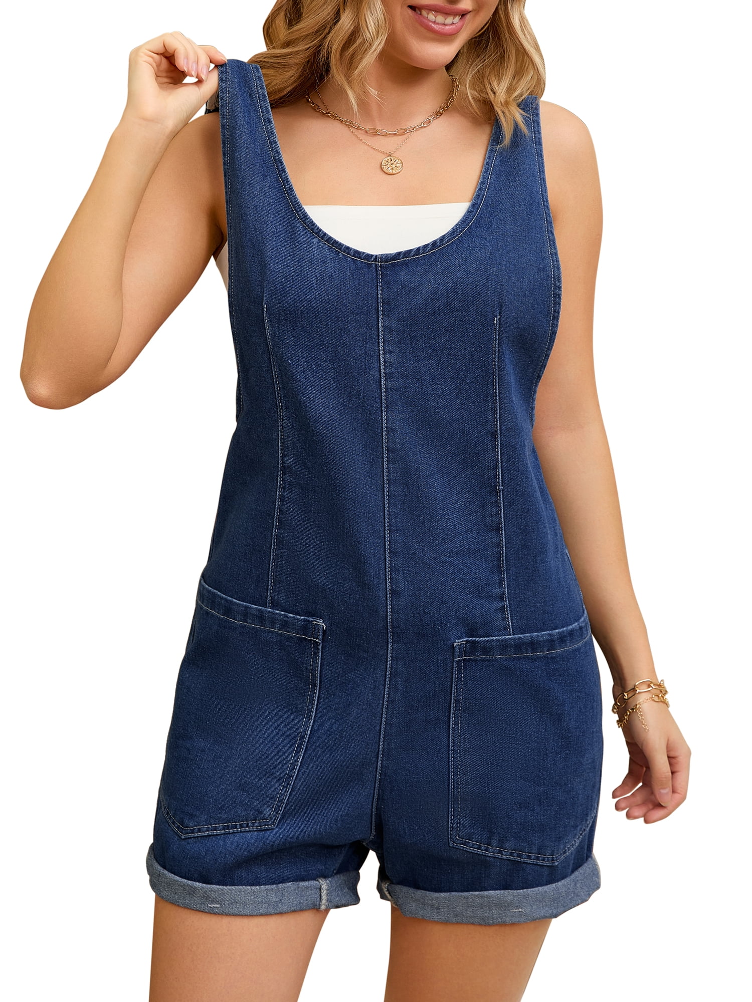 DARING DIVA Women's Denim Sleeveless Casual Loose Romper with Pockets S Dark Blue