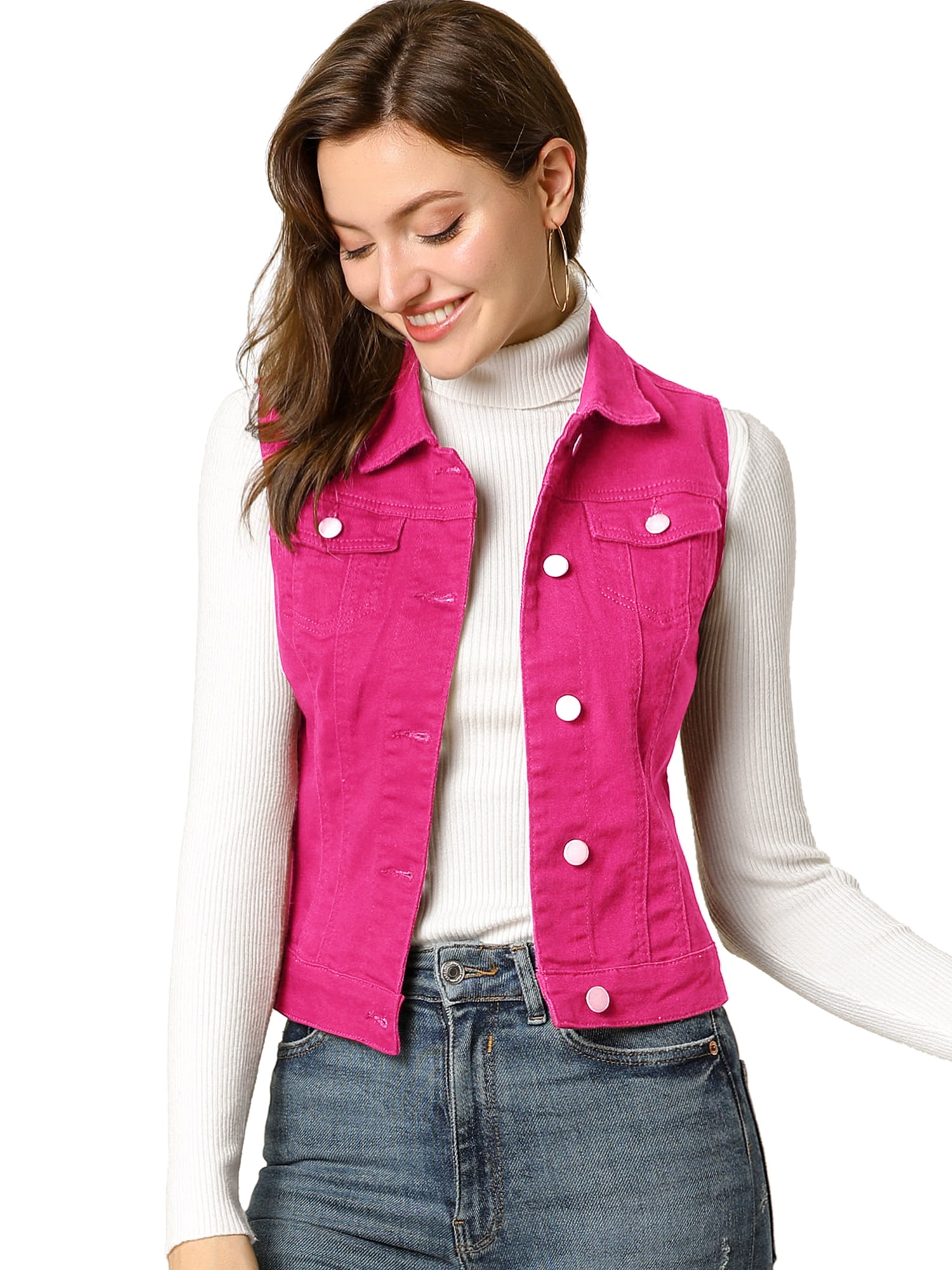 DARING DIVA Women's Denim Sleeveless Flap Pockets Vest Jacket 2XL Fuchsia