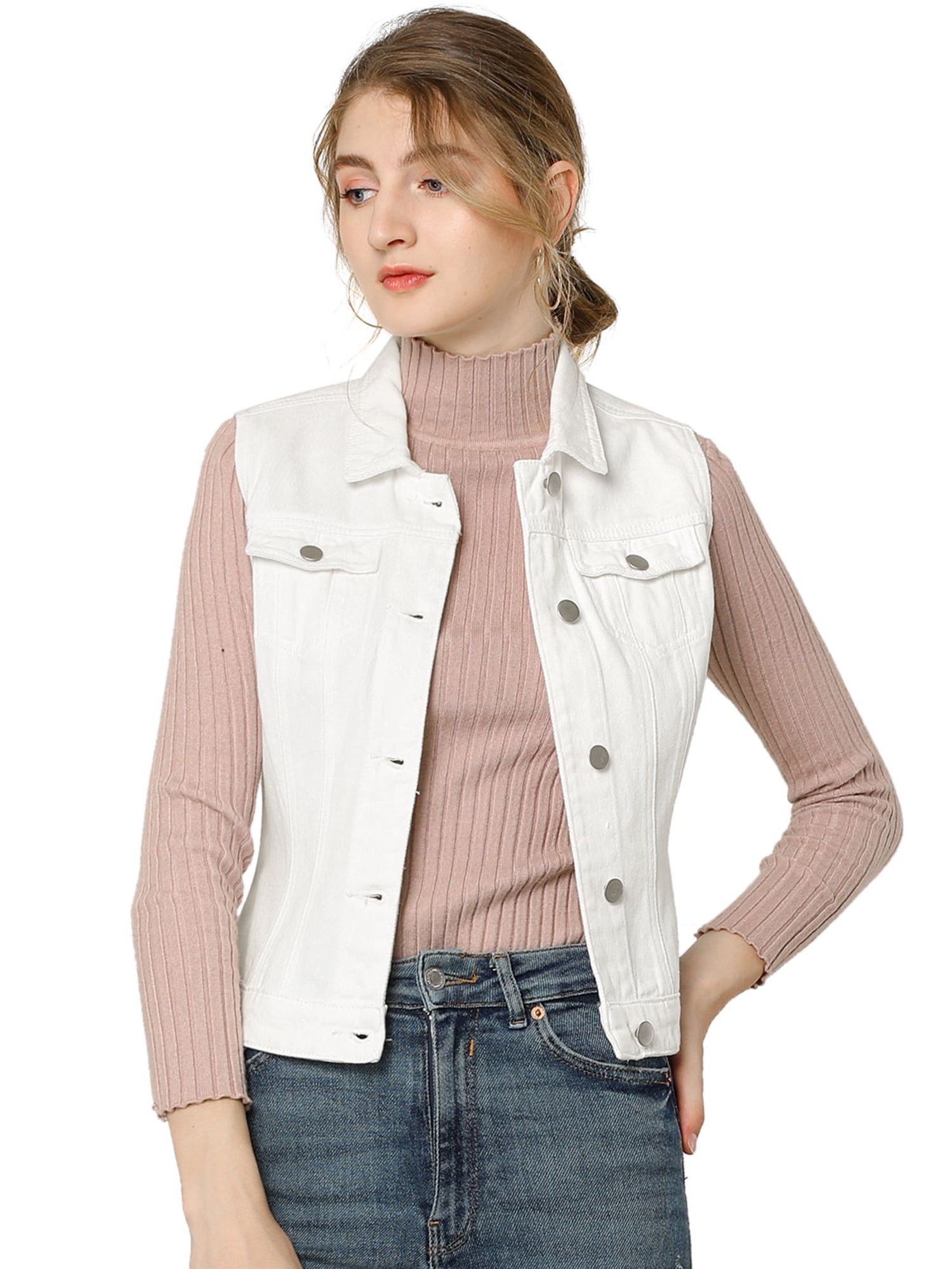 DARING DIVA Women's Denim Sleeveless Flap Pockets Vest Jacket 3XL White