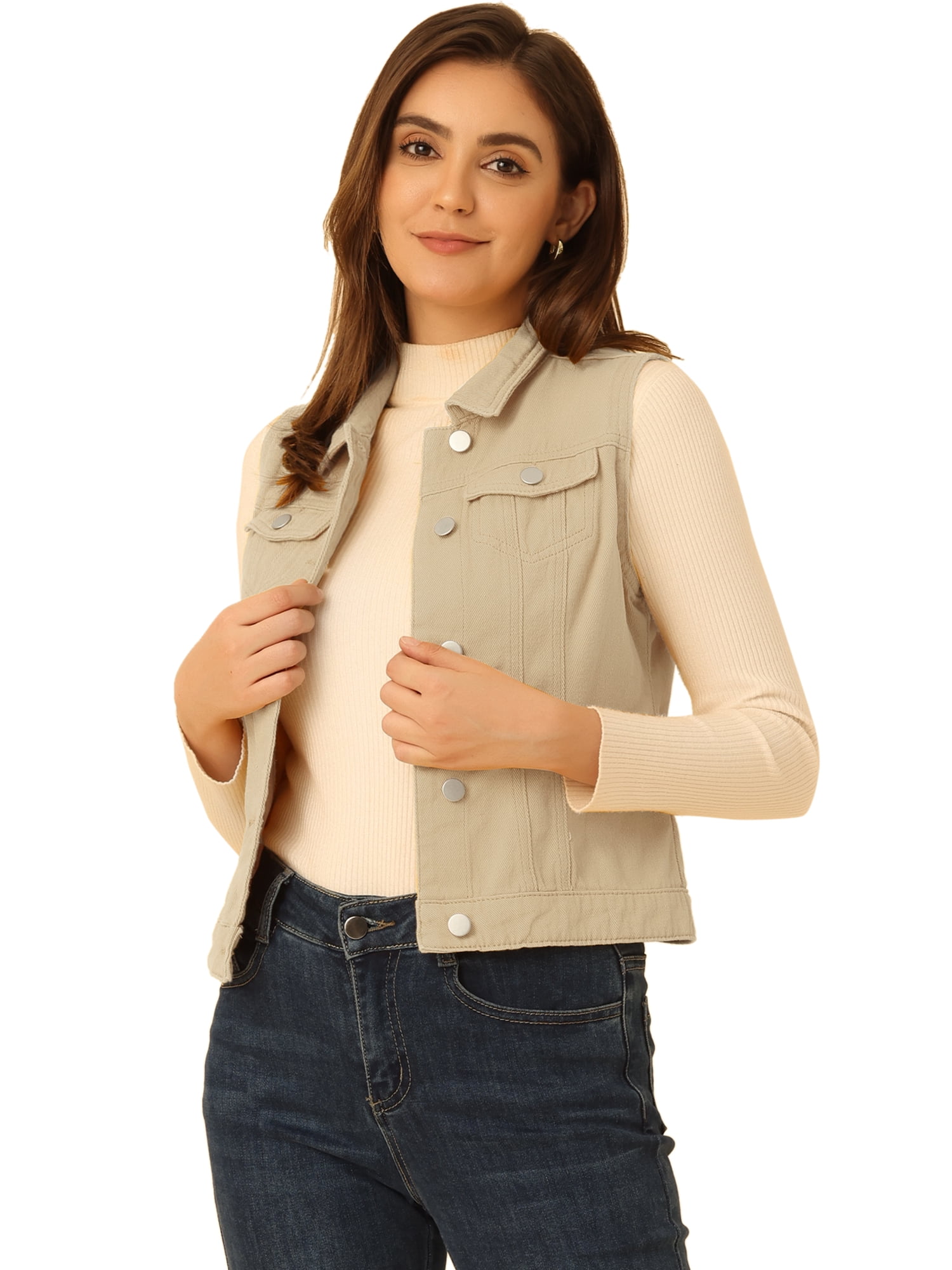 DARING DIVA Women's Denim Sleeveless Flap Pockets Vest Jacket L Beige