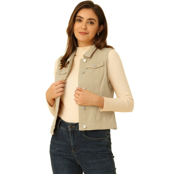 DARING DIVA Women's Denim Sleeveless Flap Pockets Vest Jacket L Beige
