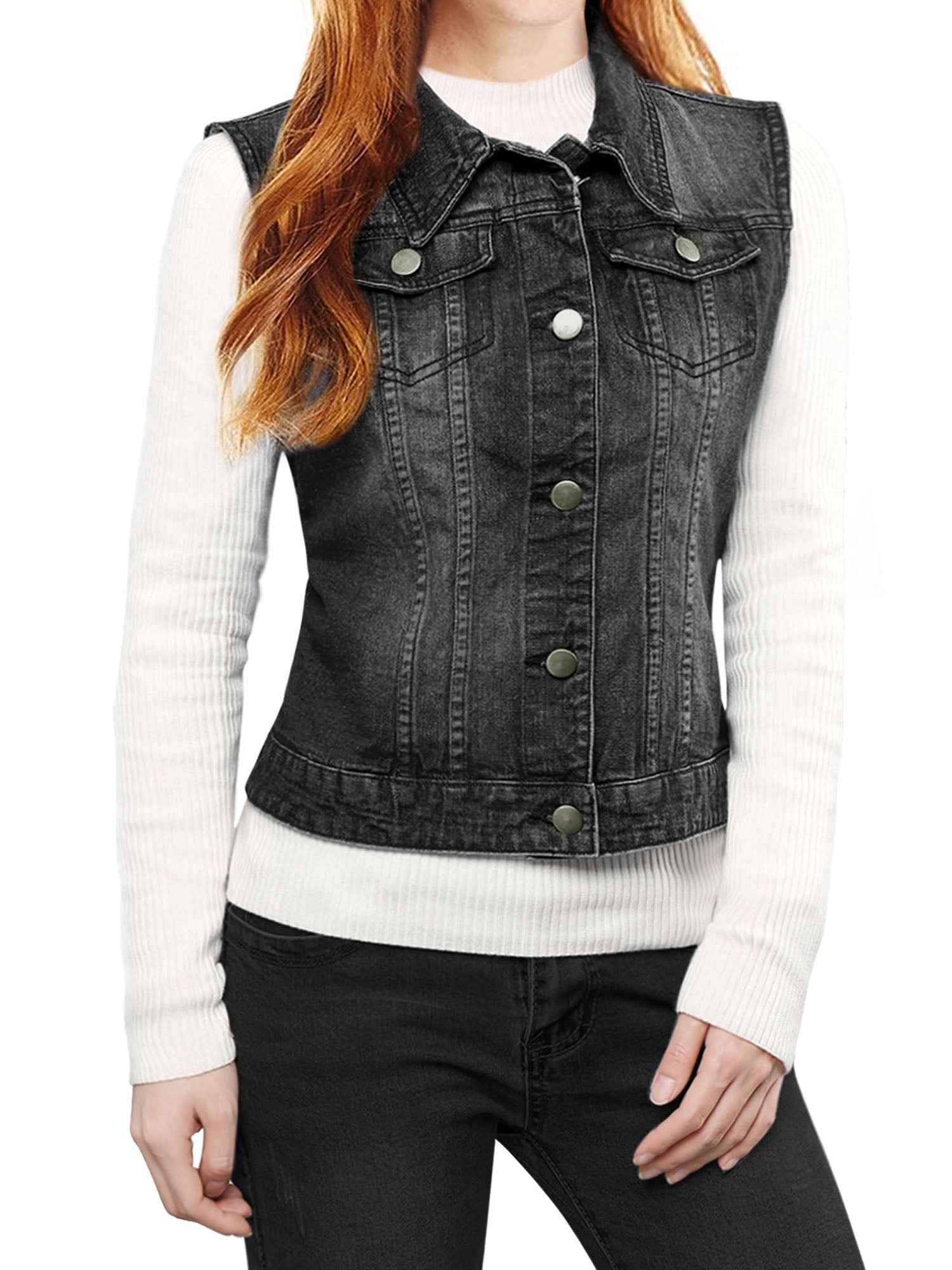 DARING DIVA Women's Denim Sleeveless Flap Pockets Vest Jacket L Black