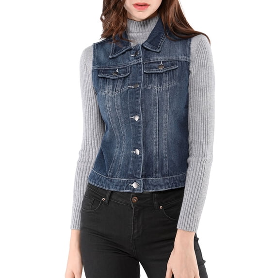 DARING DIVA Women's Denim Sleeveless Flap Pockets Vest Jacket L Blue