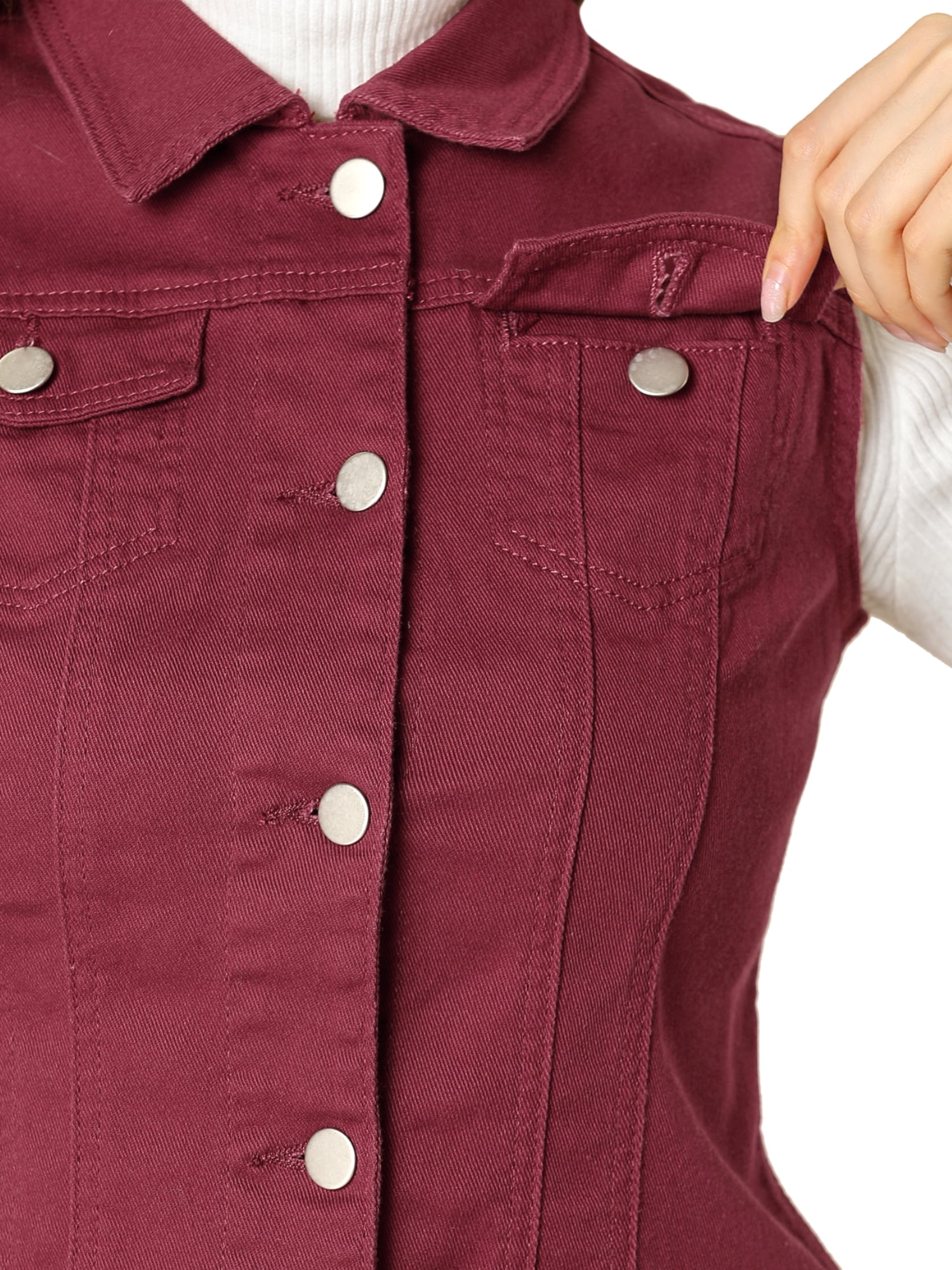 DARING DIVA Women's Denim Sleeveless Flap Pockets Vest Jacket L Burgundy