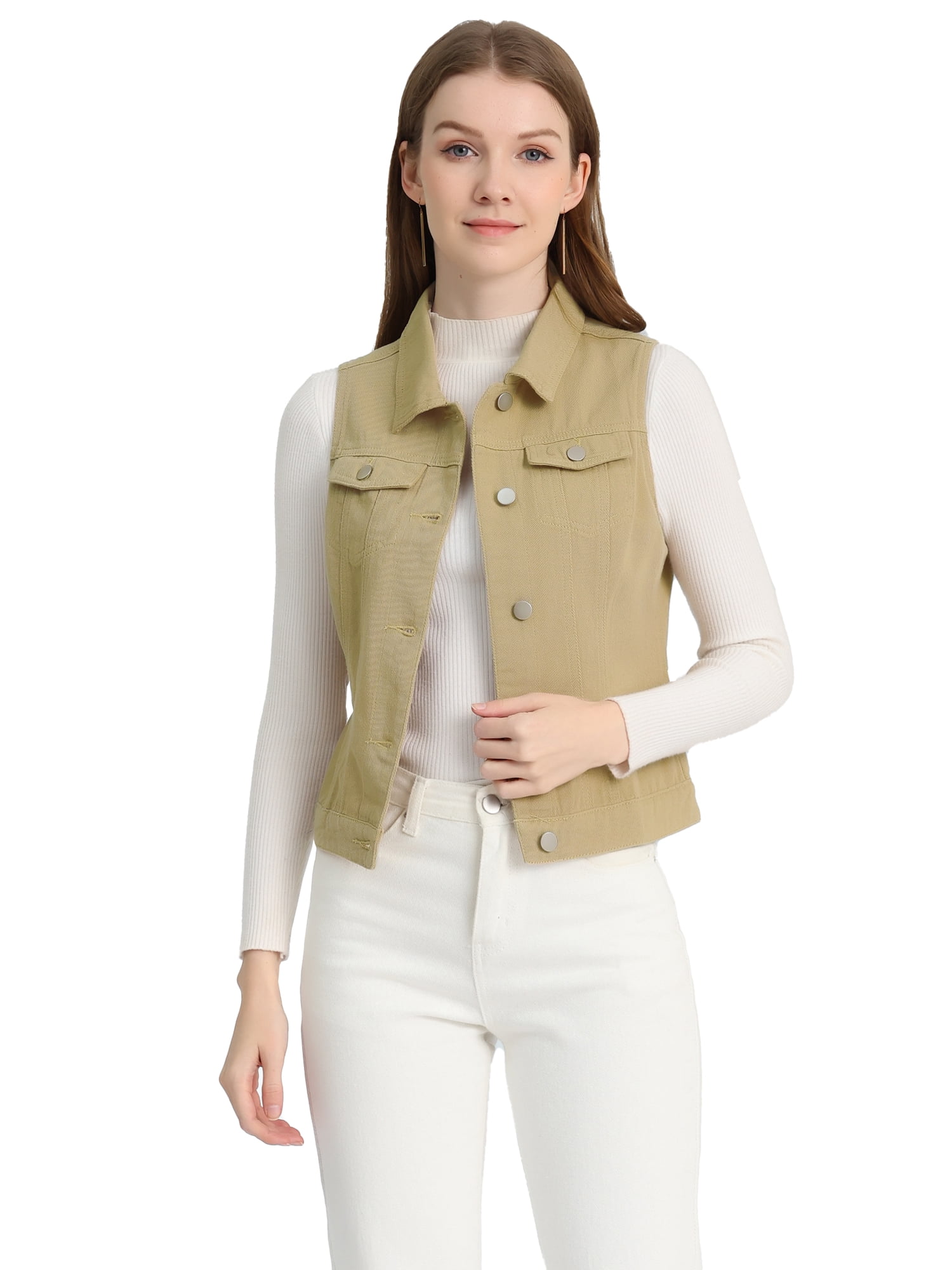 DARING DIVA Women's Denim Sleeveless Flap Pockets Vest Jacket L Light Khaki