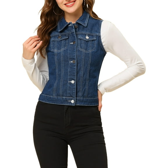 DARING DIVA Women's Denim Sleeveless Flap Pockets Vest Jacket M Dark Blue-1
