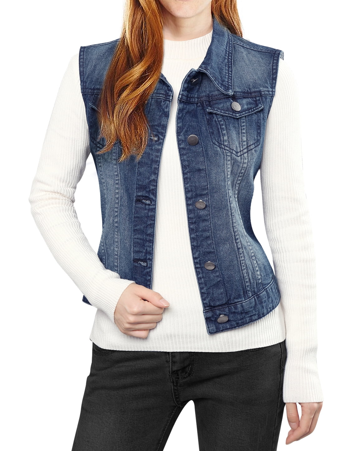DARING DIVA Women's Denim Sleeveless Flap Pockets Vest Jacket M Dark Blue