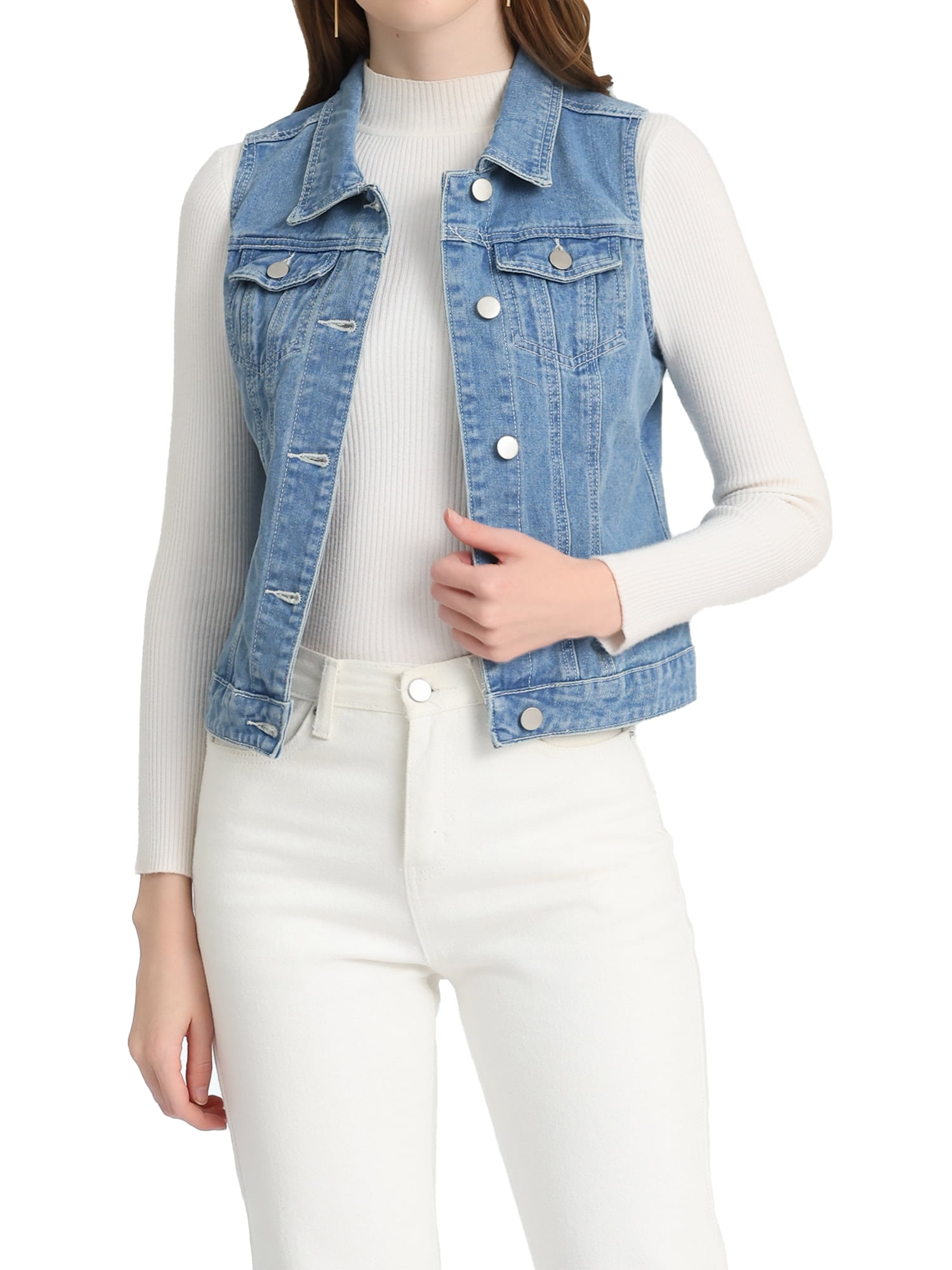 DARING DIVA Women's Denim Sleeveless Flap Pockets Vest Jacket M Light Blue-B