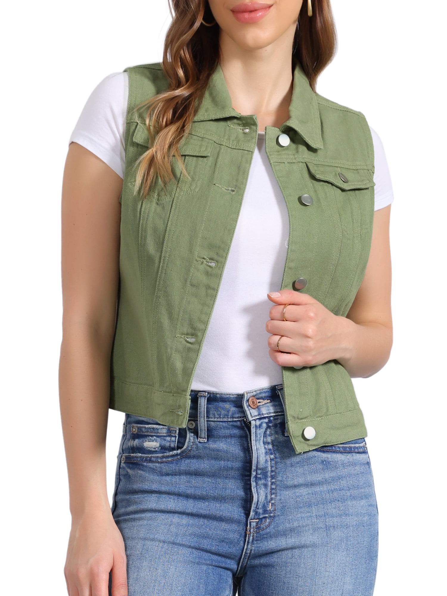 DARING DIVA Women's Denim Sleeveless Flap Pockets Vest Jacket M Pea Green