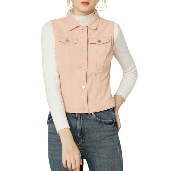 DARING DIVA Women's Denim Sleeveless Flap Pockets Vest Jacket M Pink