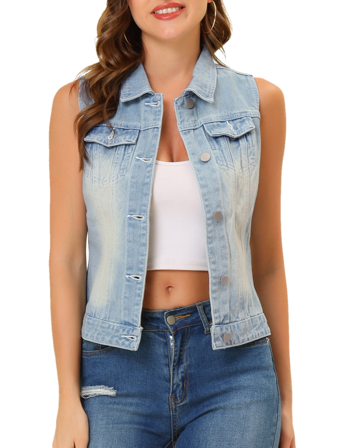 DARING DIVA Women's Denim Sleeveless Flap Pockets Vest Jacket M Sky Blue
