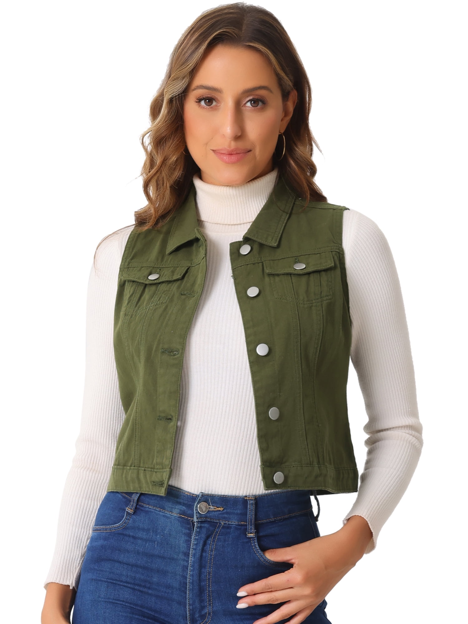 DARING DIVA Women's Denim Sleeveless Flap Pockets Vest Jacket S Army Green