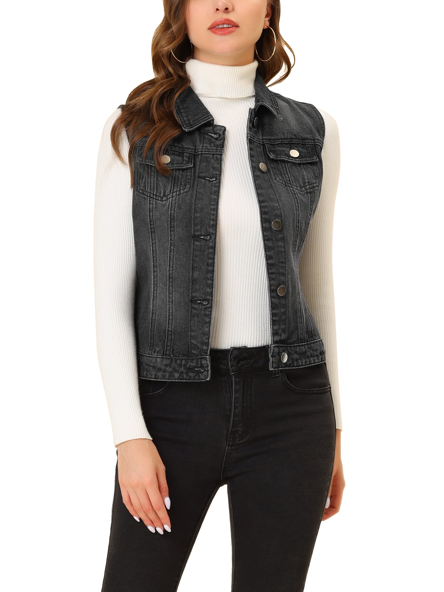 DARING DIVA Women's Denim Sleeveless Flap Pockets Vest Jacket S Black