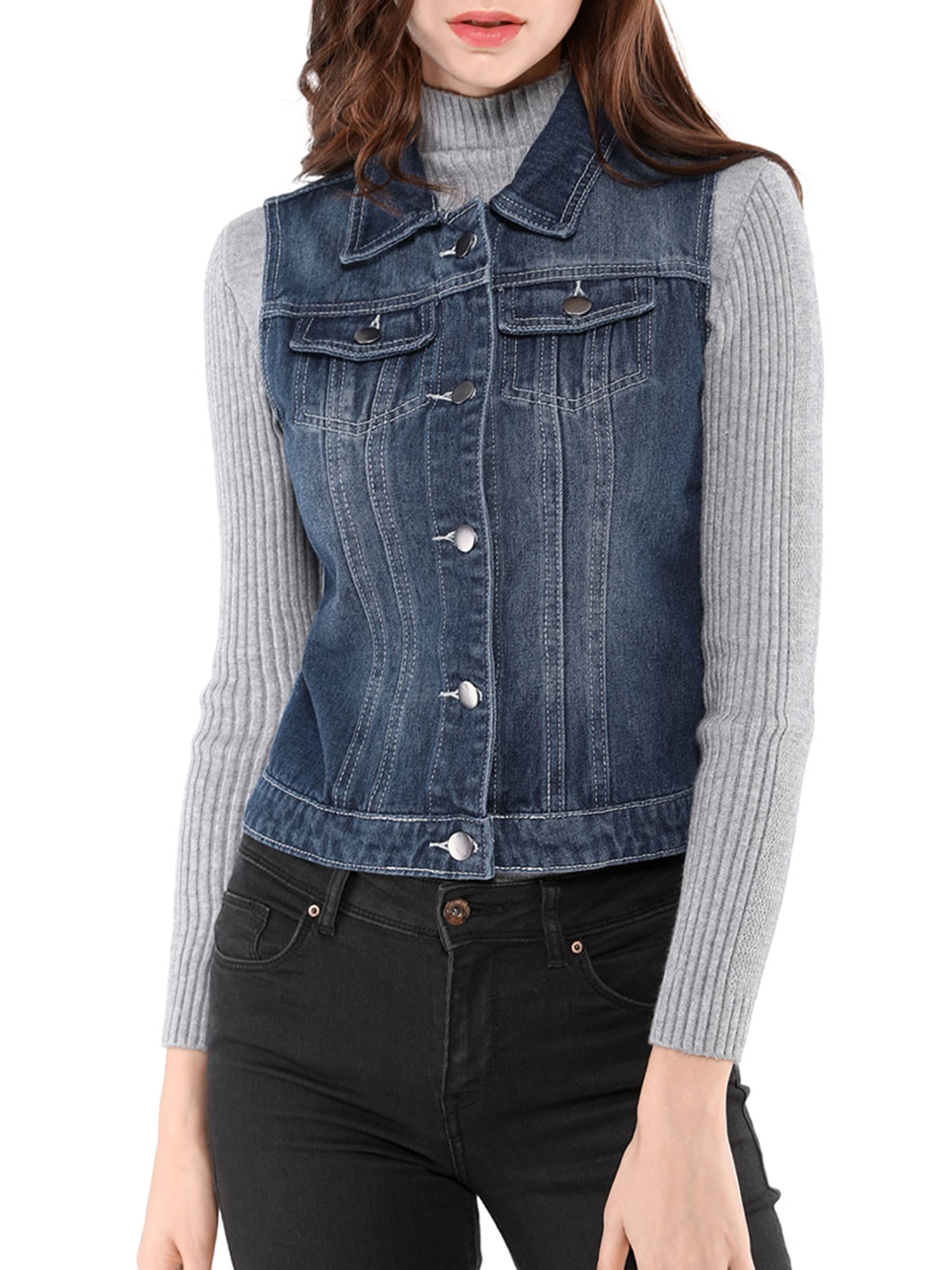 DARING DIVA Women's Denim Sleeveless Flap Pockets Vest Jacket S Blue