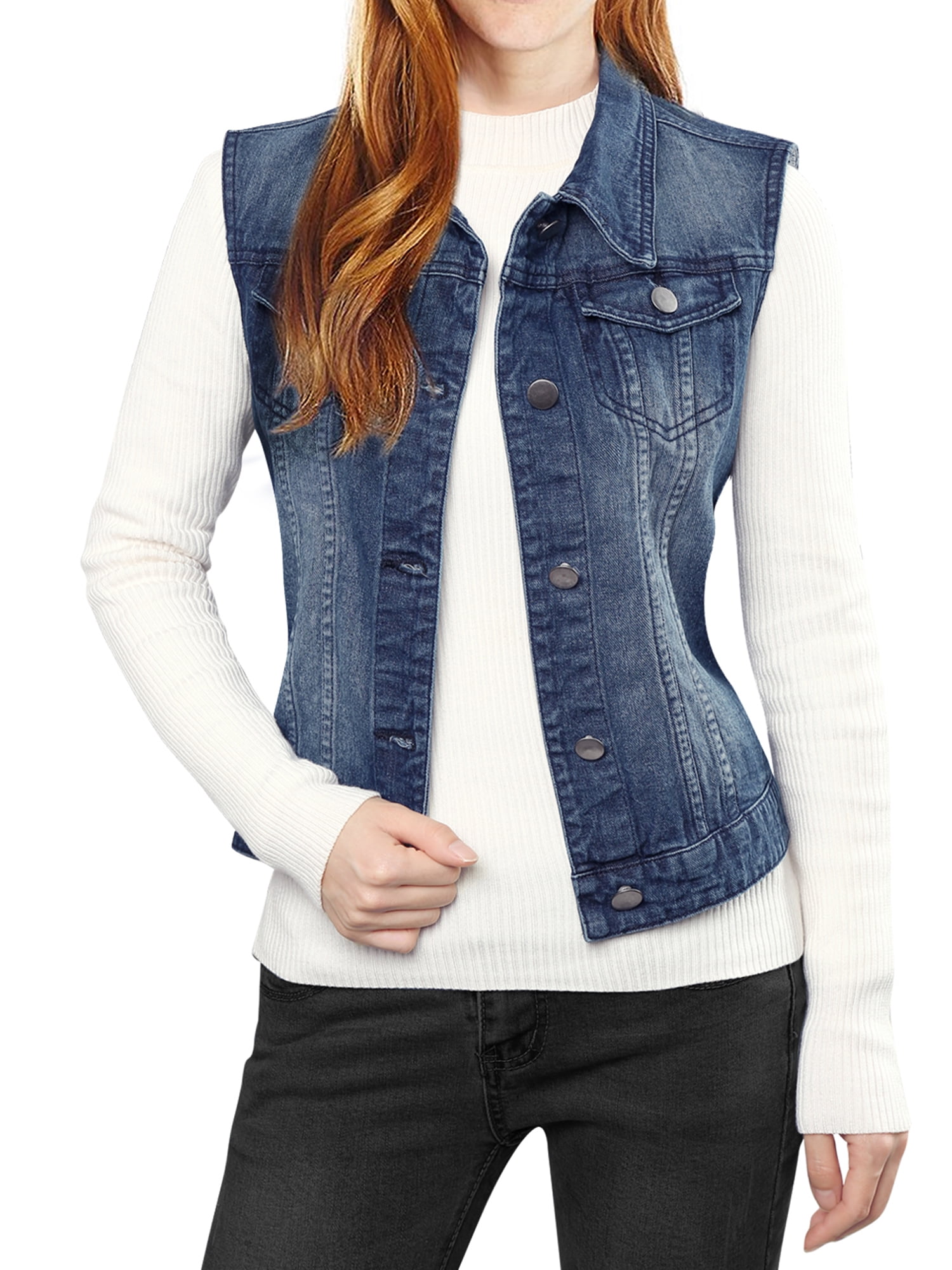 DARING DIVA Women's Denim Sleeveless Flap Pockets Vest Jacket S Dark Blue