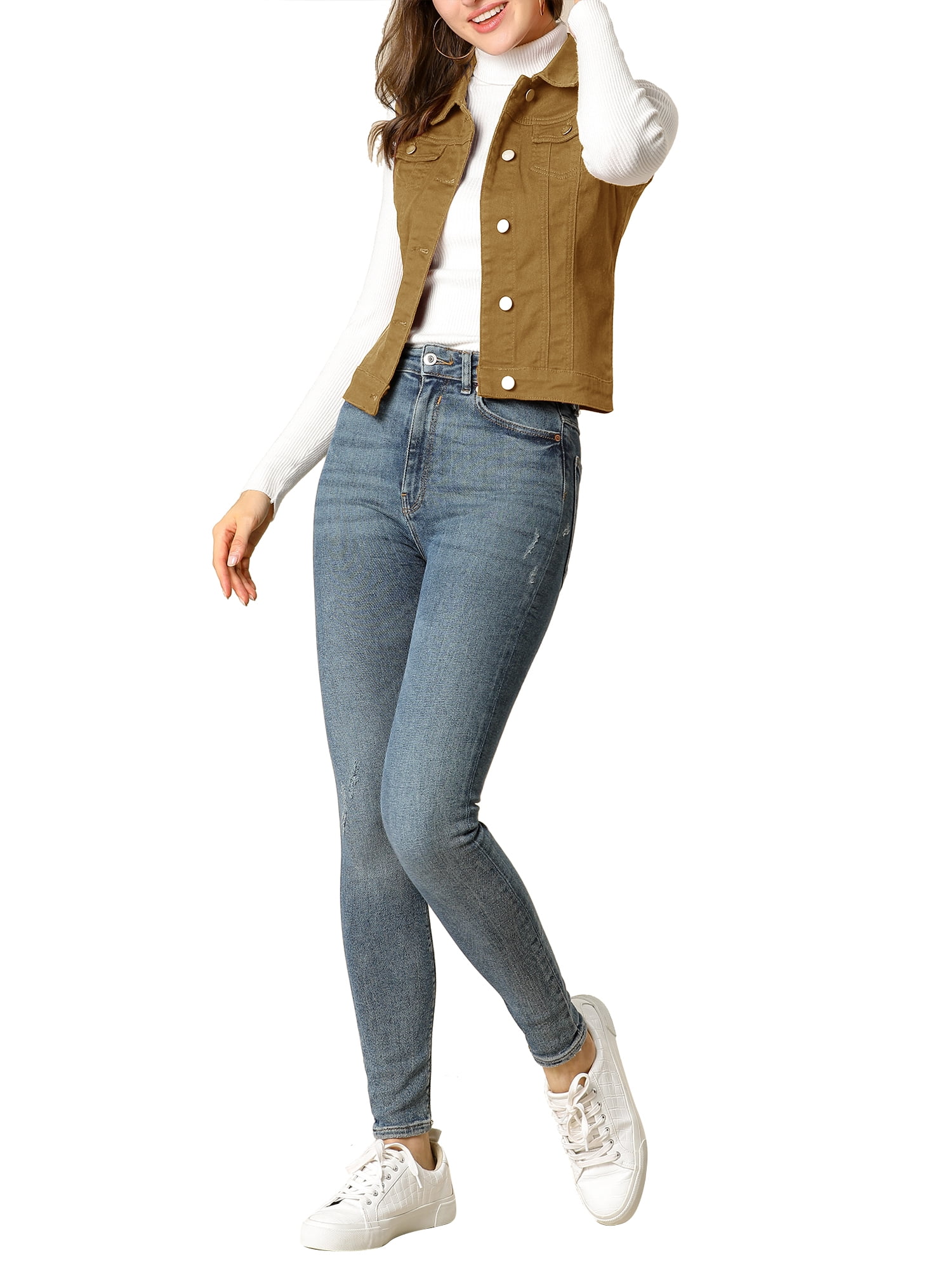 DARING DIVA Women's Denim Sleeveless Flap Pockets Vest Jacket S Khaki