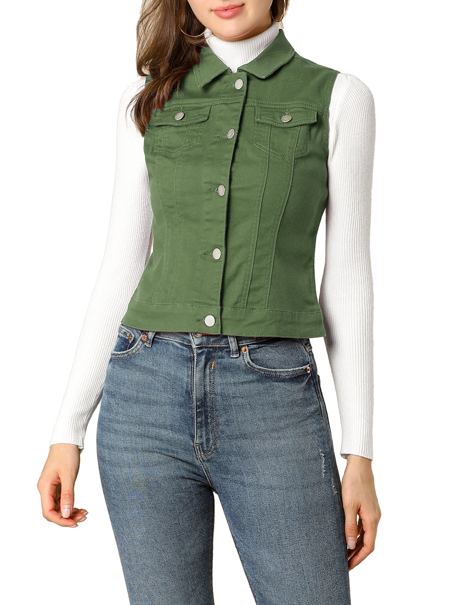 DARING DIVA Women's Denim Sleeveless Flap Pockets Vest Jacket S Olive Green