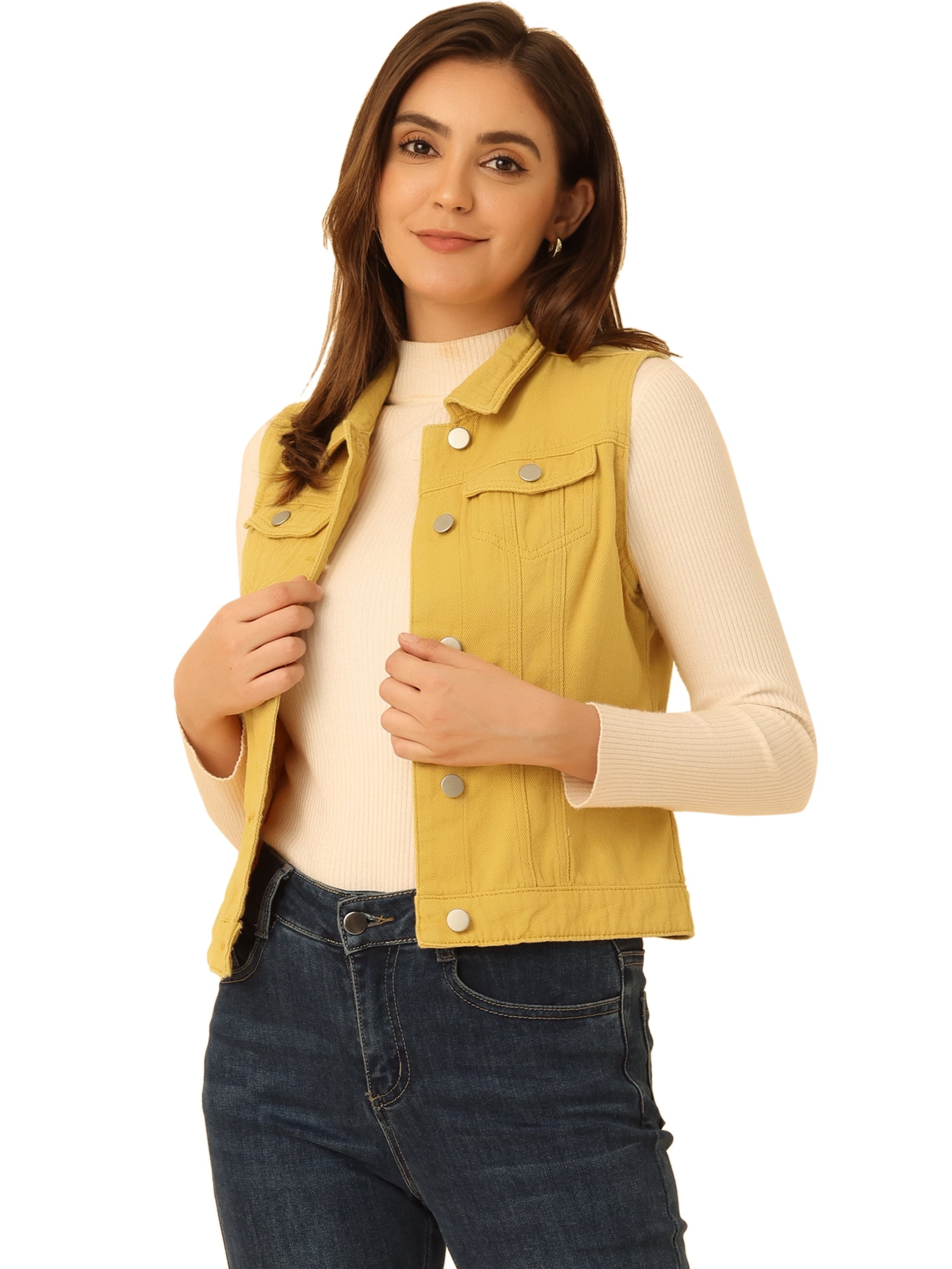 DARING DIVA Women's Denim Sleeveless Flap Pockets Vest Jacket S Yellow