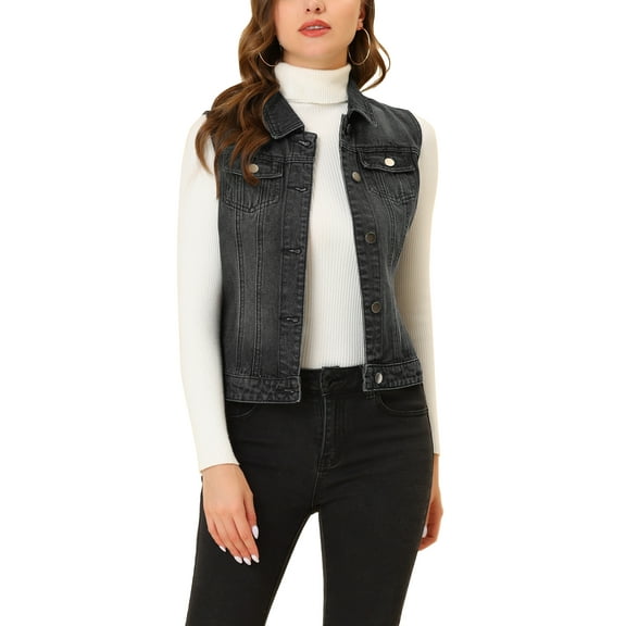 DARING DIVA Women's Denim Sleeveless Flap Pockets Vest Jacket XL Black