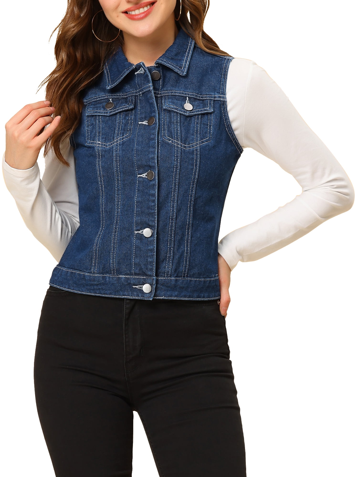 DARING DIVA Women's Denim Sleeveless Flap Pockets Vest Jacket XL Dark Blue-1