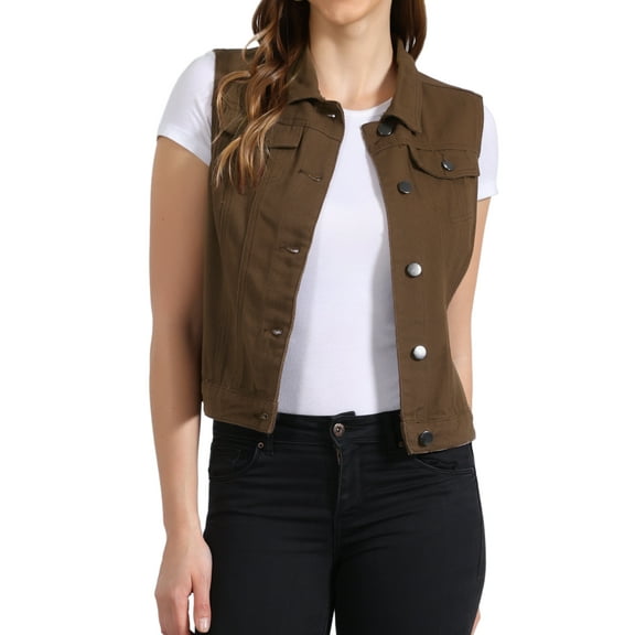 DARING DIVA Women's Denim Sleeveless Flap Pockets Vest Jacket XL Dark Coffee