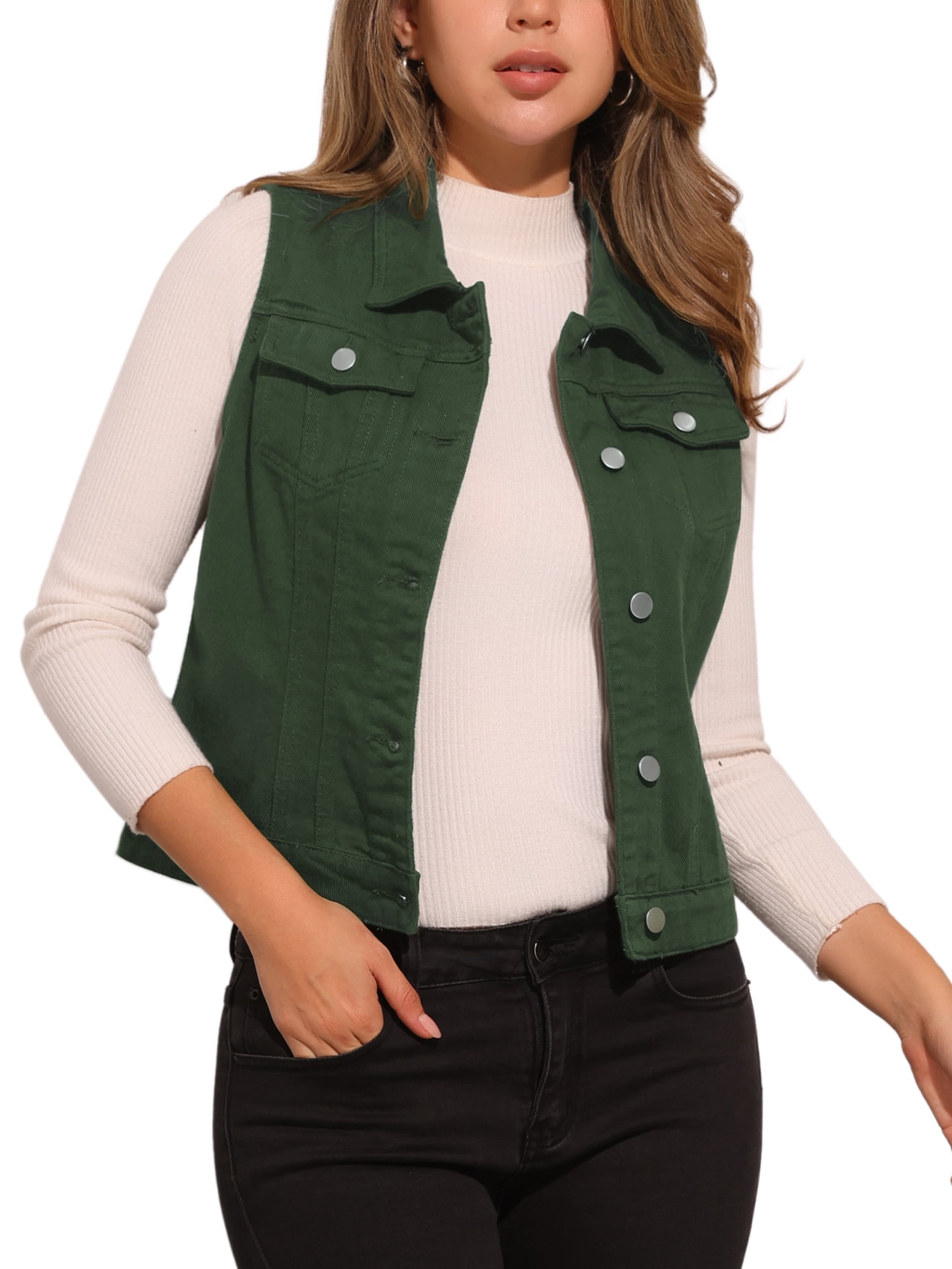 DARING DIVA Women's Denim Sleeveless Flap Pockets Vest Jacket XL Dark Green