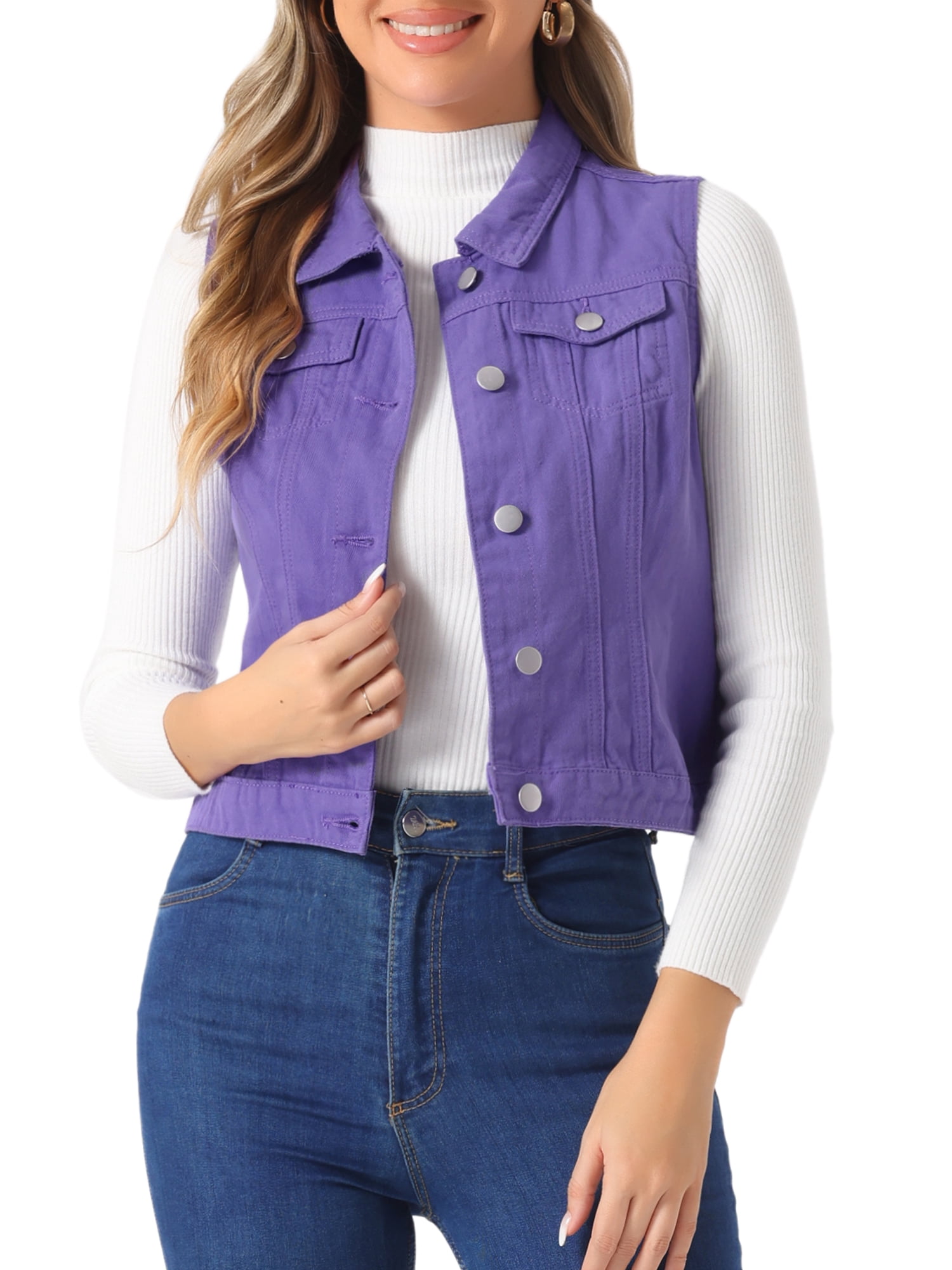 DARING DIVA Women's Denim Sleeveless Flap Pockets Vest Jacket XL Purple