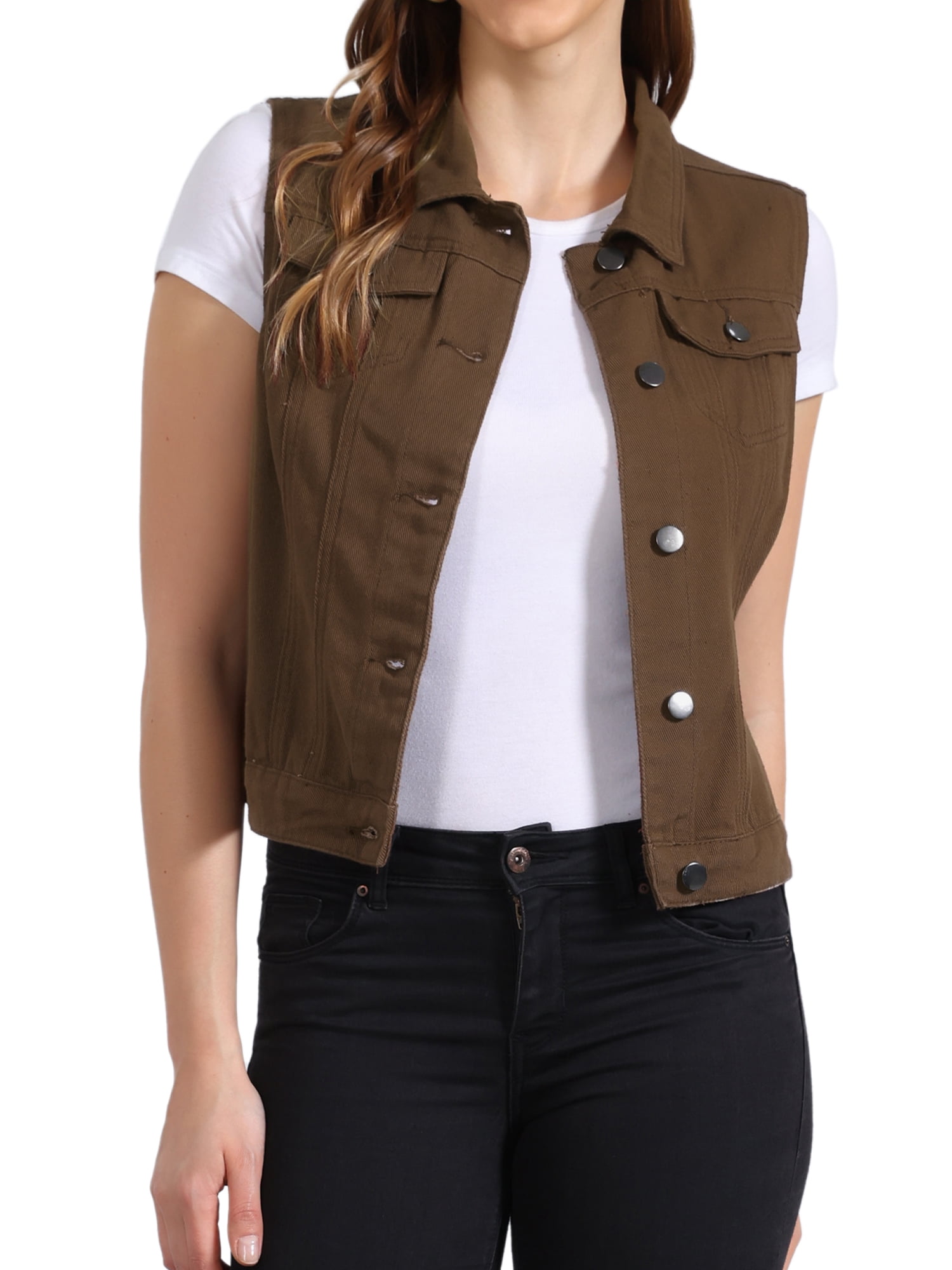 DARING DIVA Women's Denim Sleeveless Flap Pockets Vest Jacket XS Dark Coffee