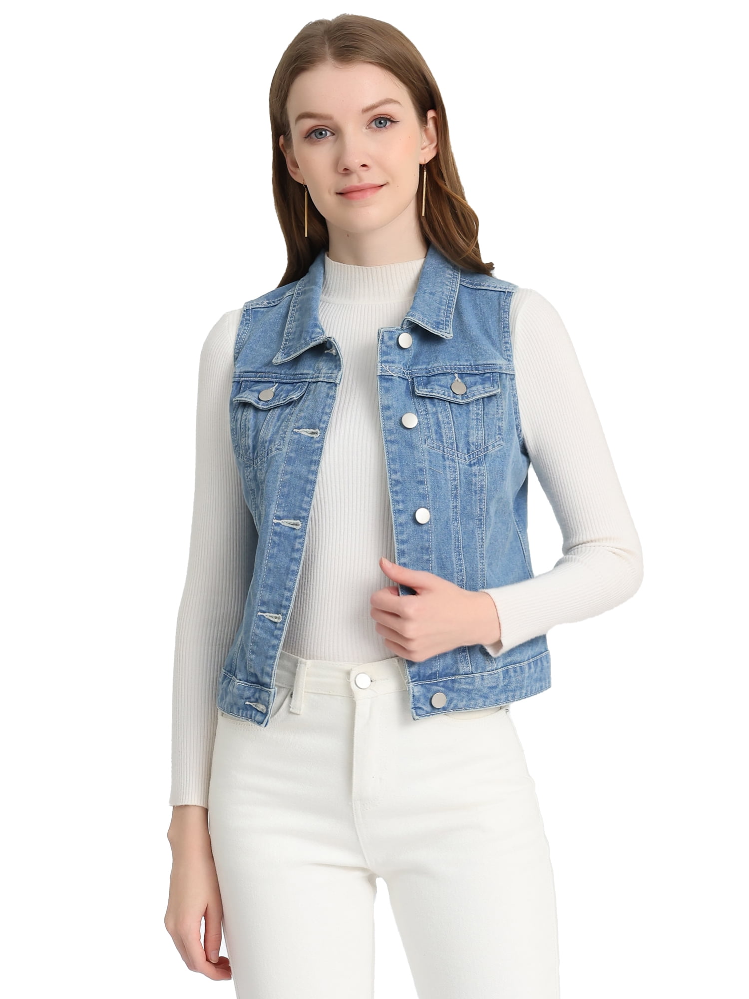 DARING DIVA Women's Denim Sleeveless Flap Pockets Vest Jacket XS Light Blue-B
