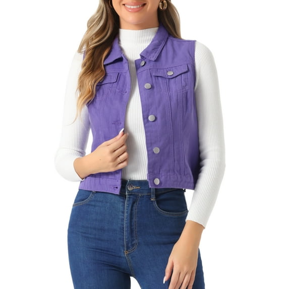 DARING DIVA Women's Denim Sleeveless Flap Pockets Vest Jacket XS Purple