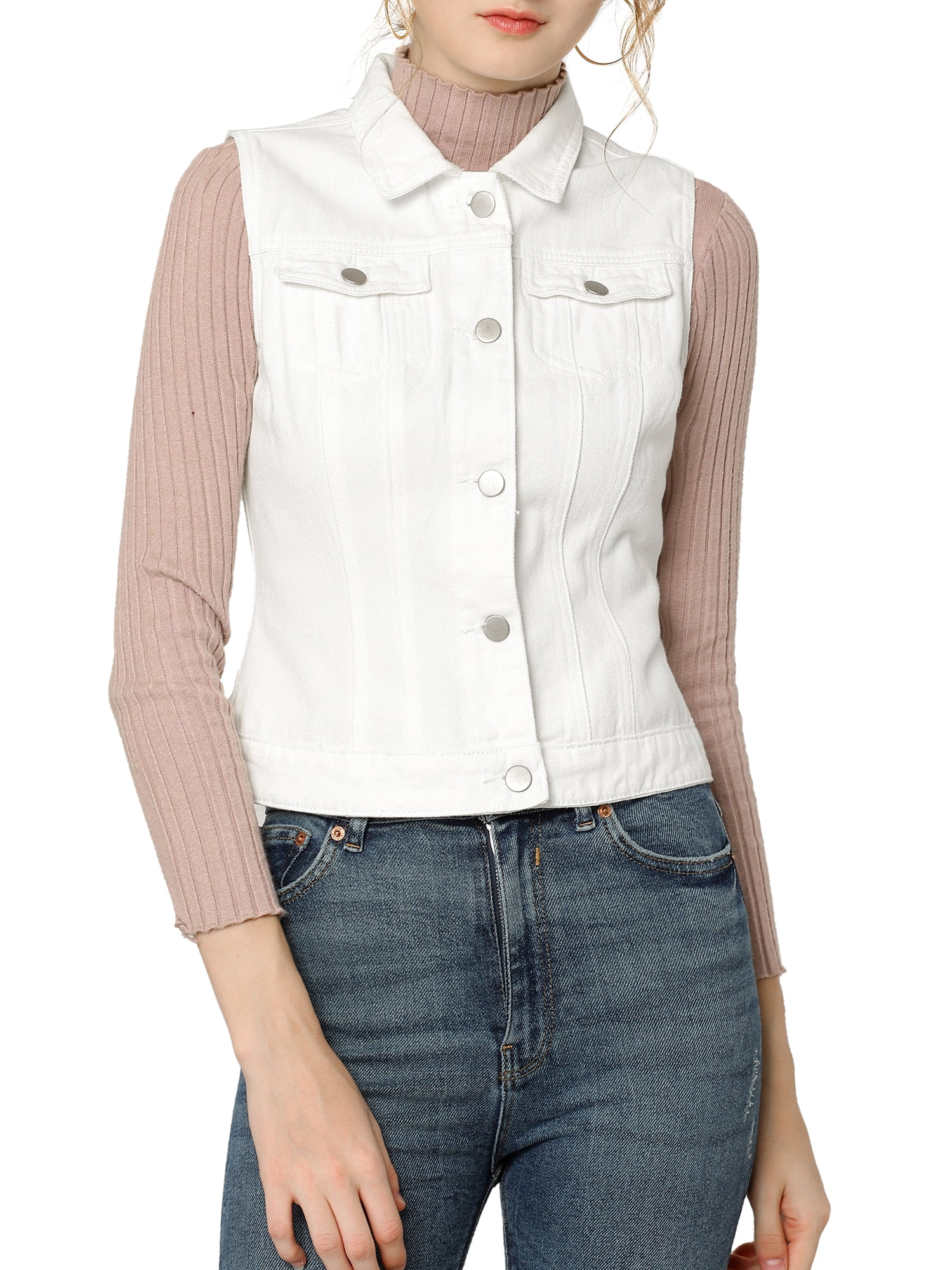 DARING DIVA Women's Denim Sleeveless Flap Pockets Vest Jacket XS White