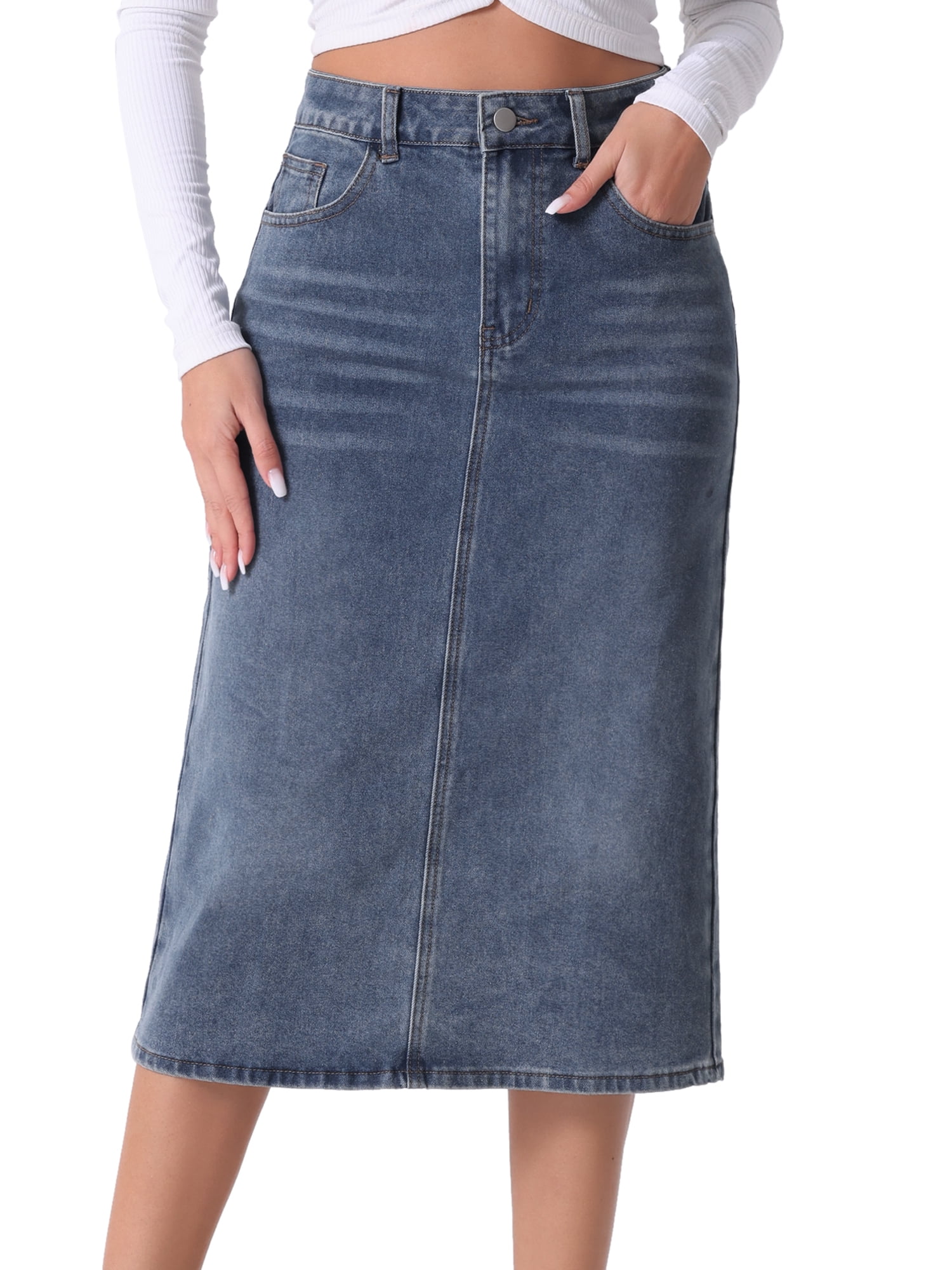 DARING DIVA Women's Denim Split Back Pockets Midi Jean Skirts L Grey Blue