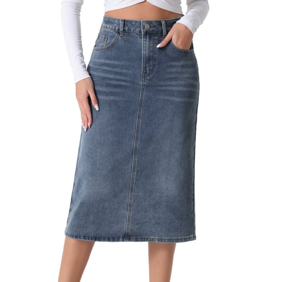 DARING DIVA Women's Denim Split Back Pockets Midi Jean Skirts L Grey Blue
