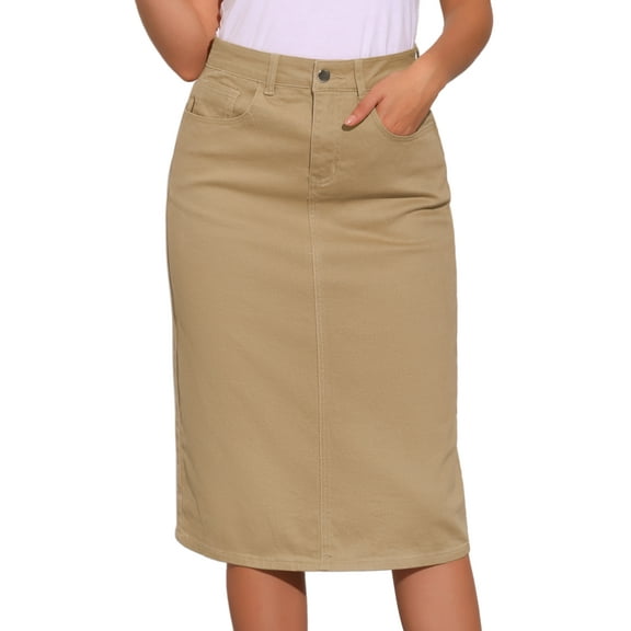 DARING DIVA Women's Denim Split Back Pockets Midi Jean Skirts L Khaki