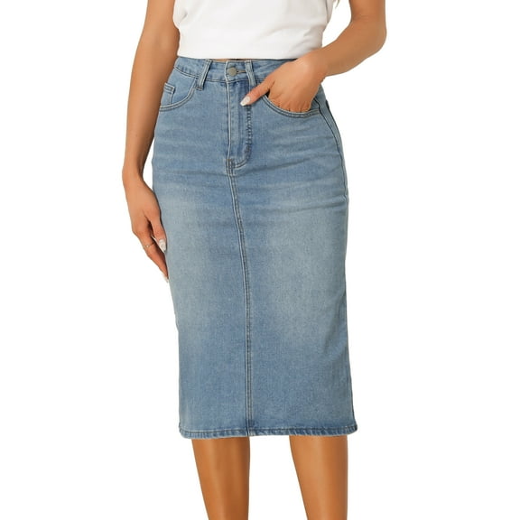 DARING DIVA Women's Denim Split Back Pockets Midi Jean Skirts L Light Blue