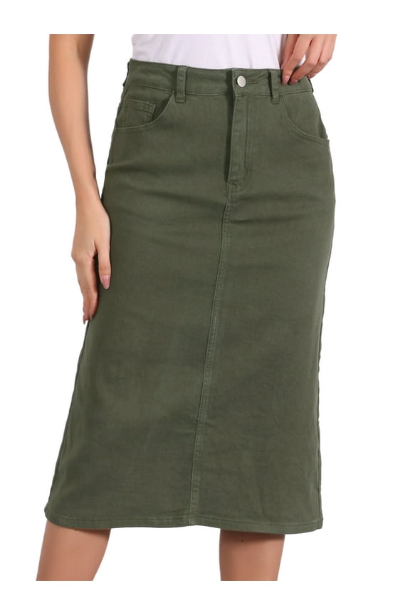Women's Denim Split Back Pockets Midi Jean Skirts M Army Green