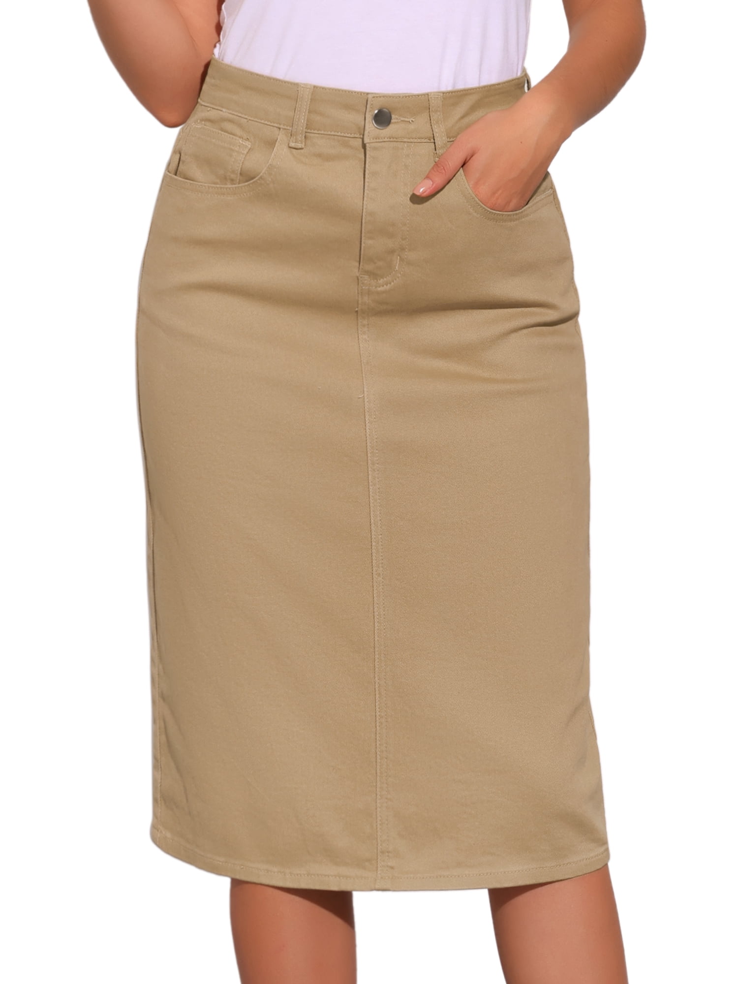 DARING DIVA Women's Denim Split Back Pockets Midi Jean Skirts M Khaki