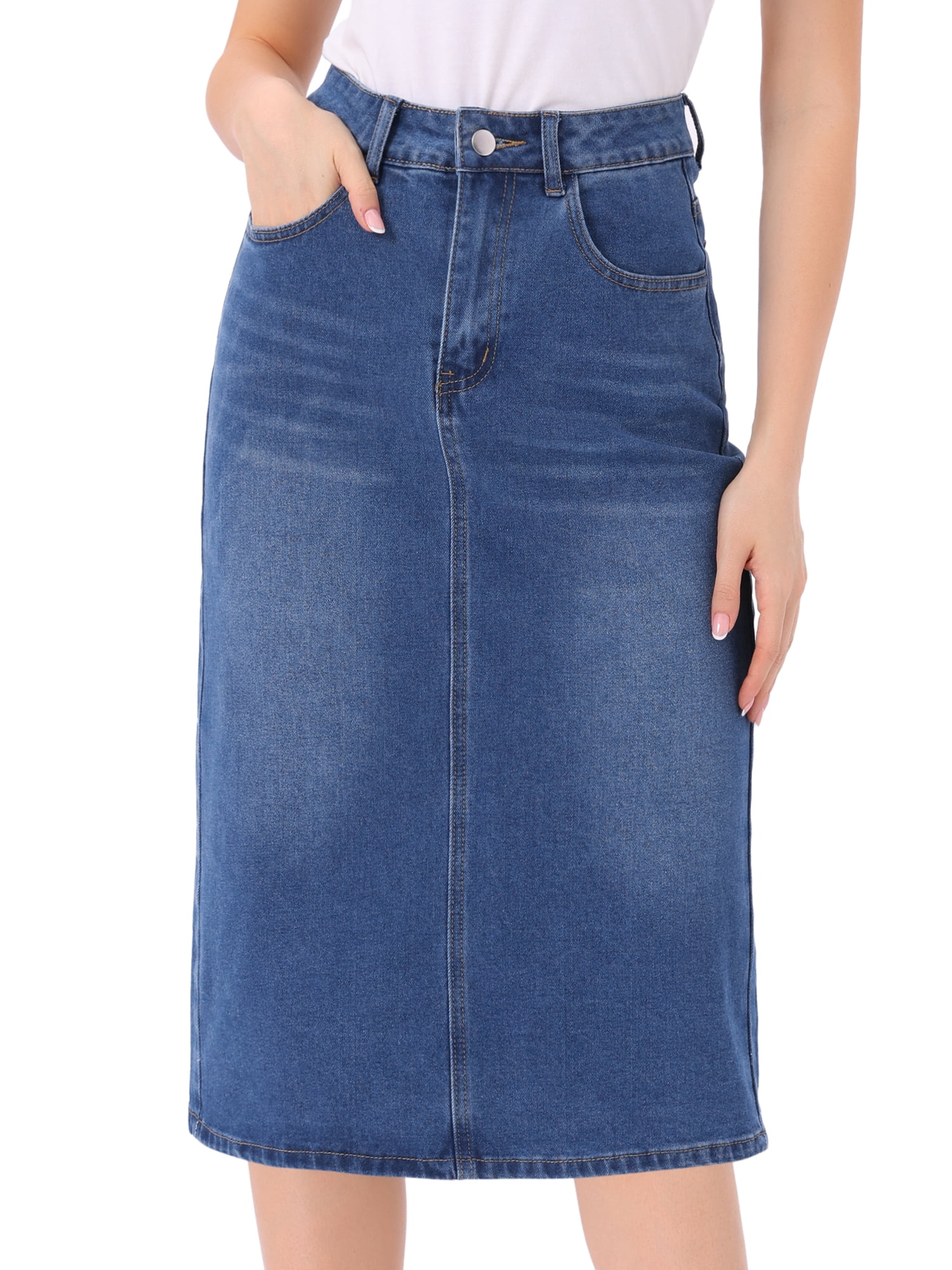 DARING DIVA Women's Denim Split Back Pockets Midi Jean Skirts M Sky Blue