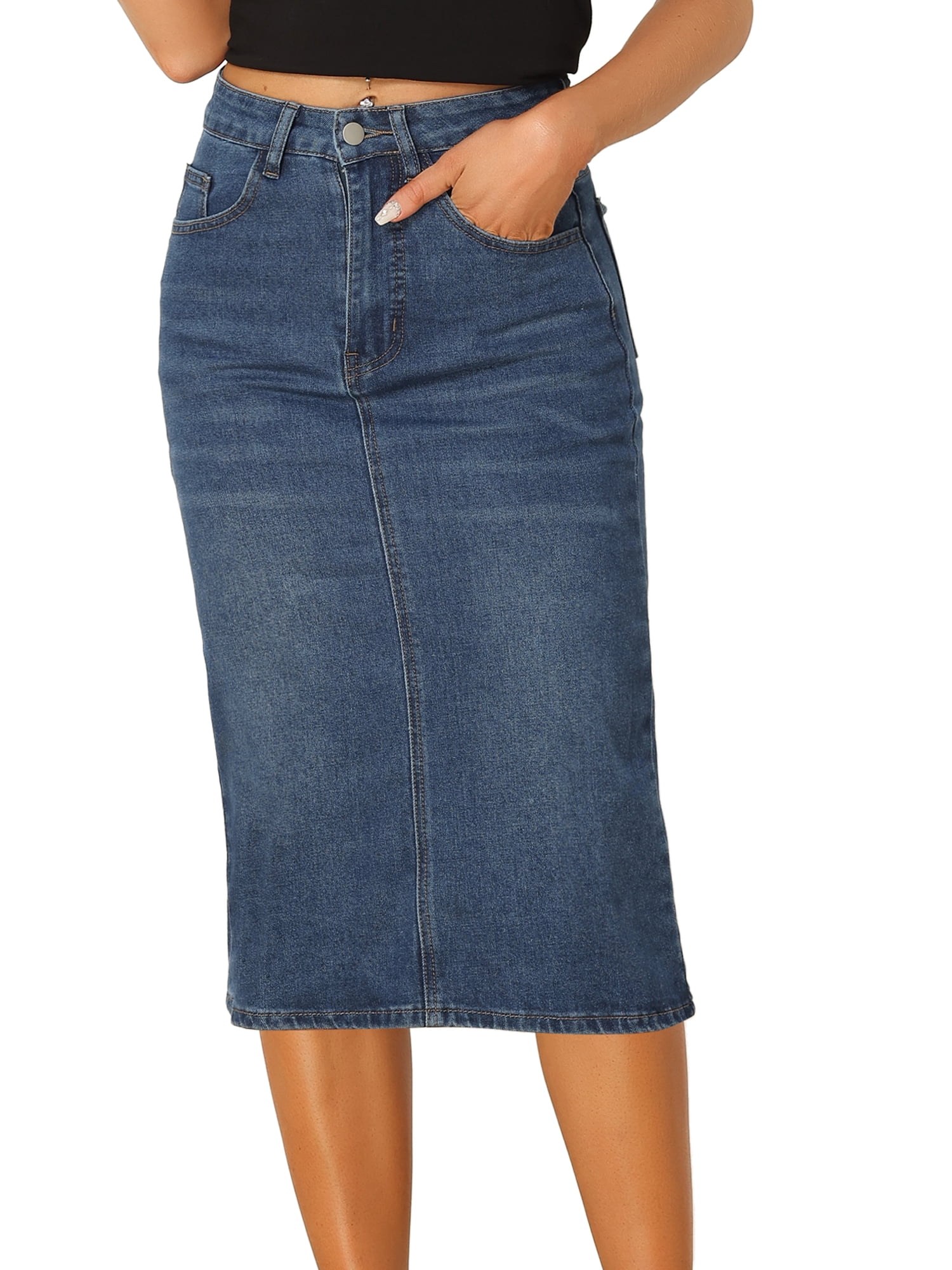 DARING DIVA Women's Denim Split Back Pockets Midi Jean Skirts S Blue