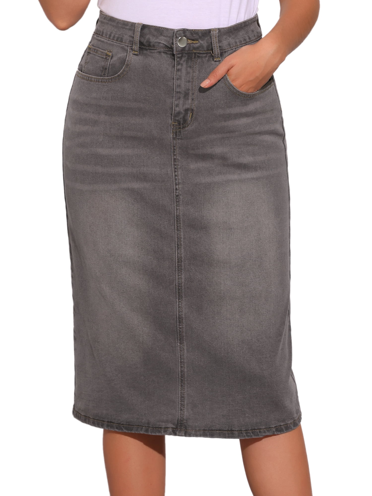 DARING DIVA Women's Denim Split Back Pockets Midi Jean Skirts S Grey