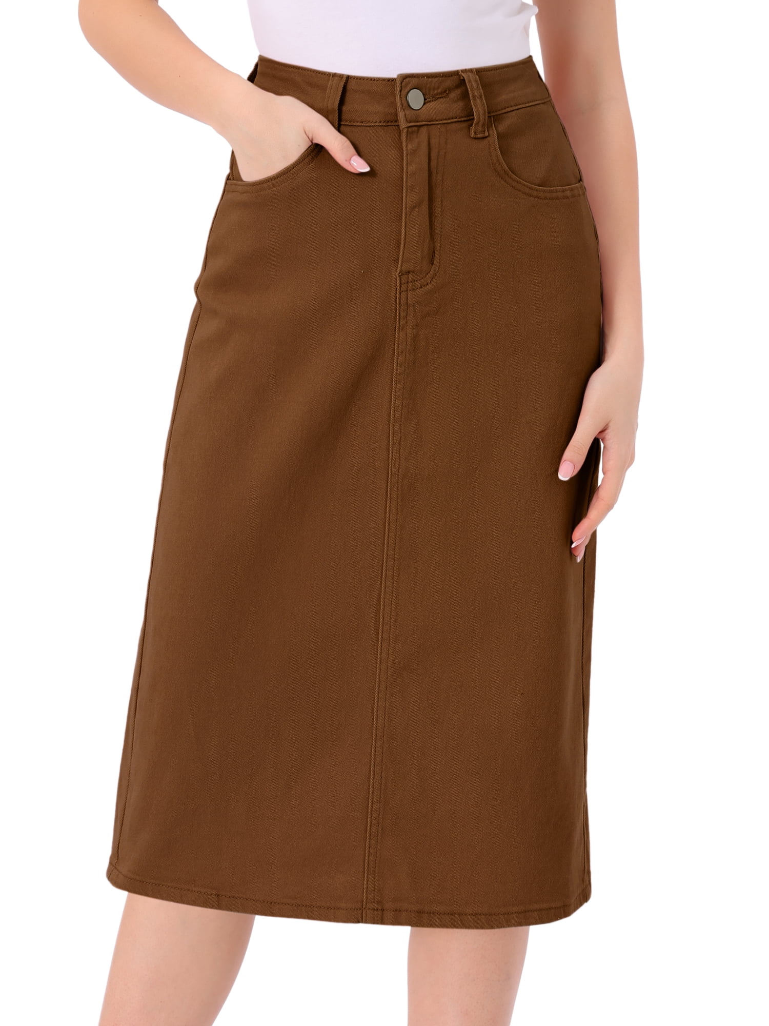 DARING DIVA Women's Zipped and Button Denim Split Back Pockets Midi Jean Skirts XS Dark Brown