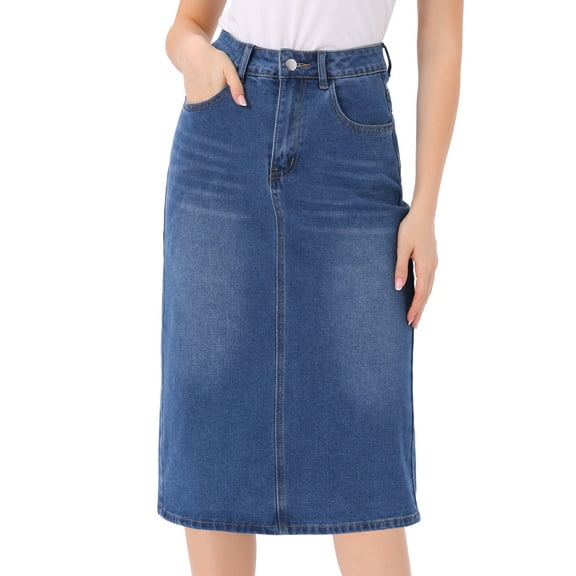 DARING DIVA Women's Denim Split Back Pockets Midi Jean Skirts XL Sky Blue