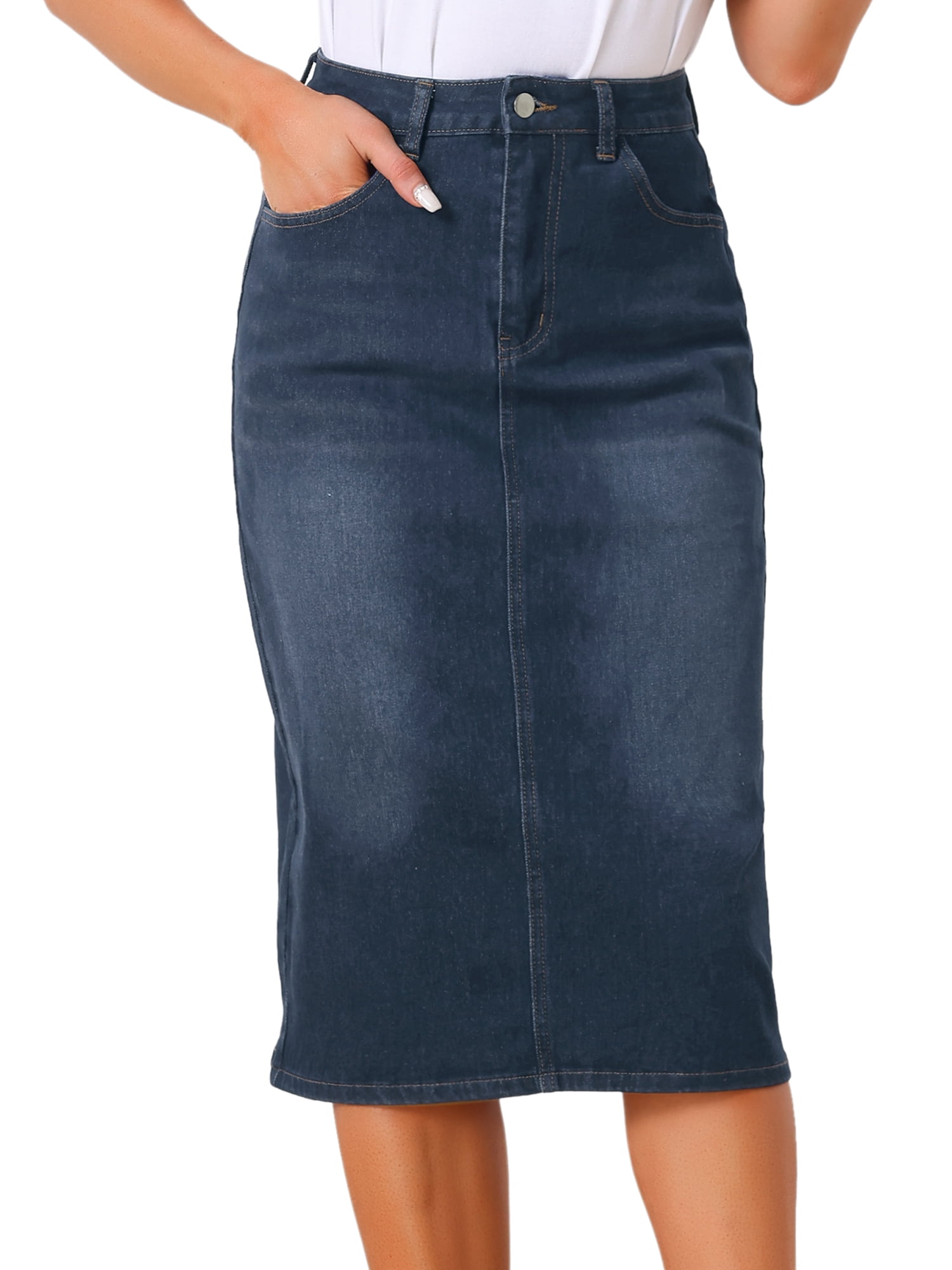 DARING DIVA Women's Denim Split Back Pockets Midi Jean Skirts XS Black Blue