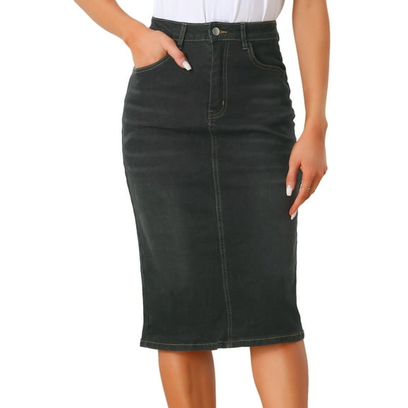 DARING DIVA Women's Denim Split Back Pockets Midi Jean Skirts XS Black