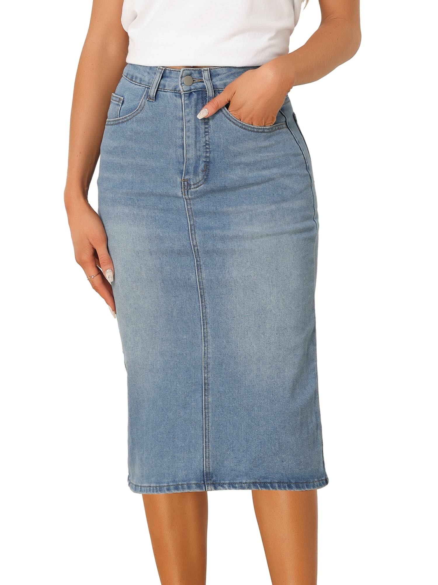 DARING DIVA Women's Denim Split Back Pockets Midi Jean Skirts XS Light Blue