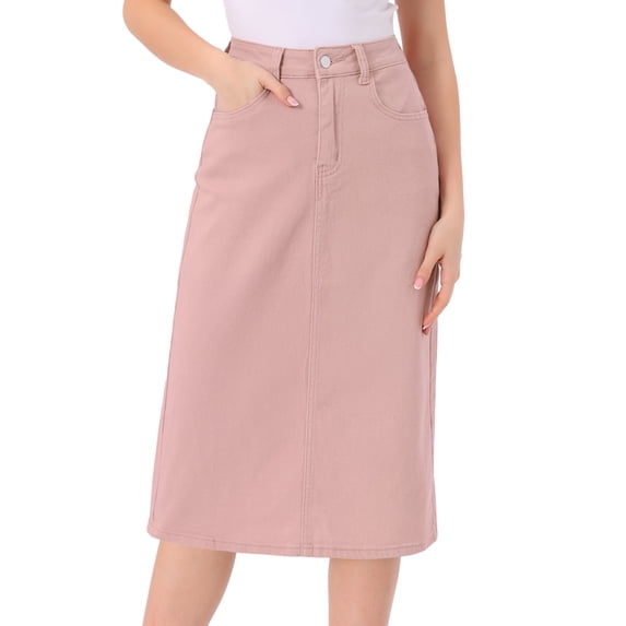 DARING DIVA Women's Denim Split Back Pockets Midi Jean Skirts XS Pink