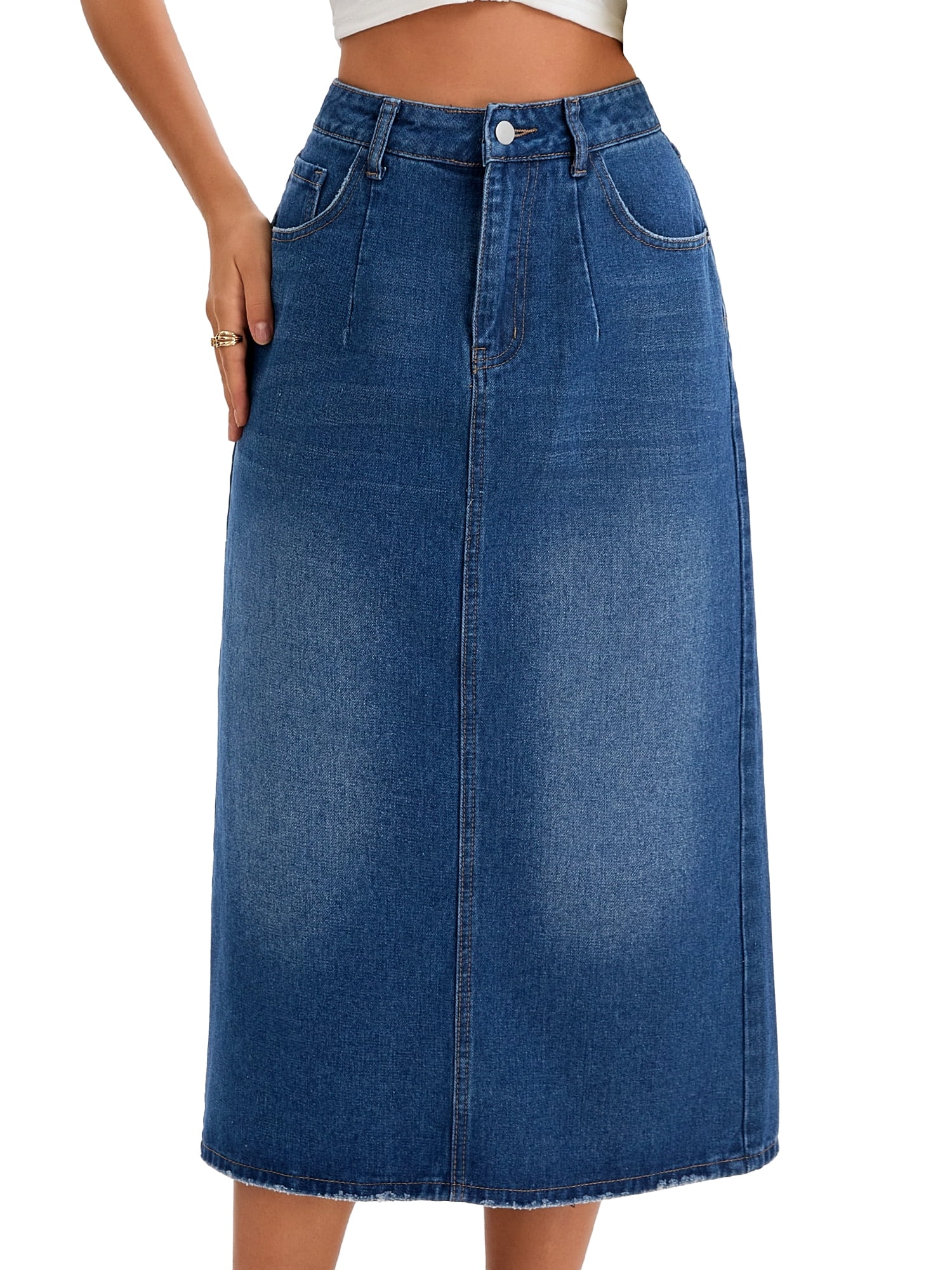 DARING DIVA Women's Denim Split Back Pockets Pencil Midi Jean Skirts Medium Dark Blue