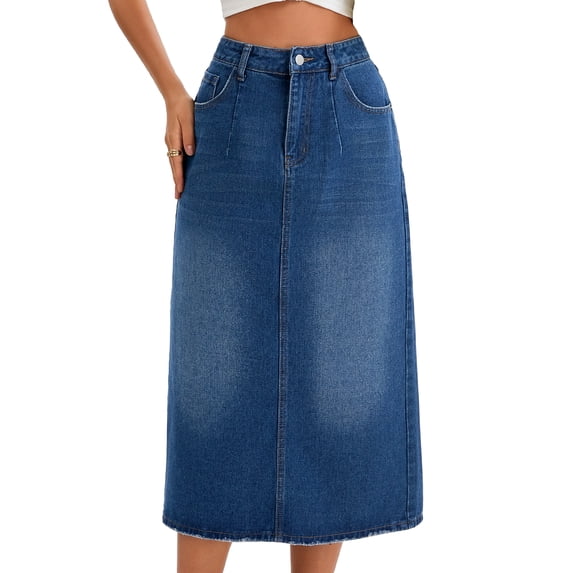 DARING DIVA Women's Denim Split Back Pockets Pencil Midi Jean Skirts Medium Dark Blue
