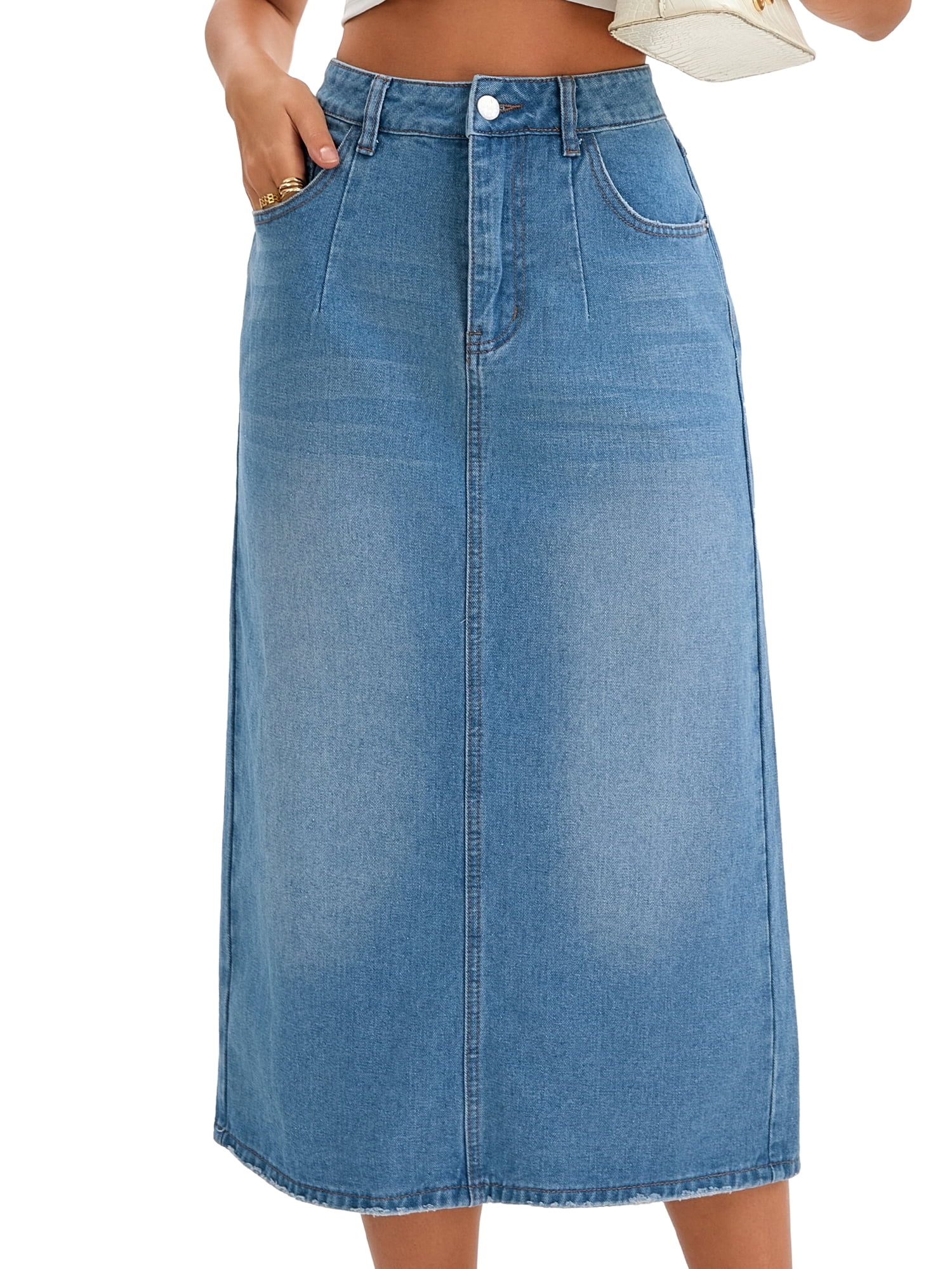 DARING DIVA Women's Denim Split Back Pockets Pencil Midi Jean Skirts Medium Light Blue